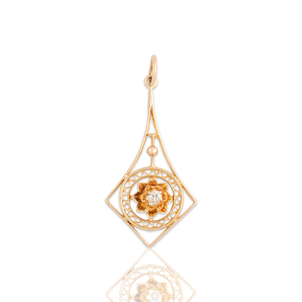 Antique Edwardian 10k Yellow Gold Old Mine Cut Diamond Buttercup-Set Kite Pendant