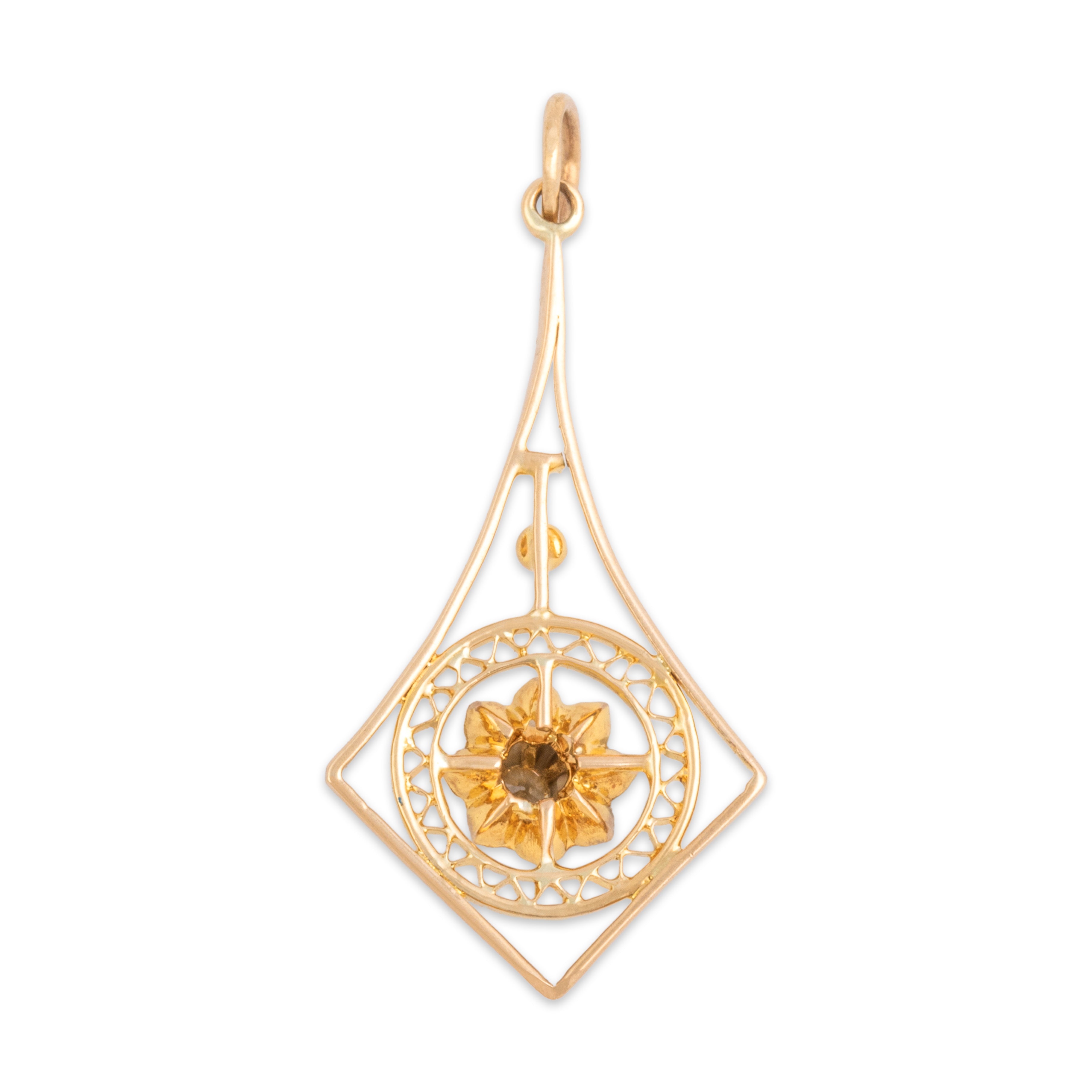 Antique Edwardian 10k Yellow Gold Old Mine Cut Diamond Intricate Openwork Buttercup-Set Kite Pendant - Back view