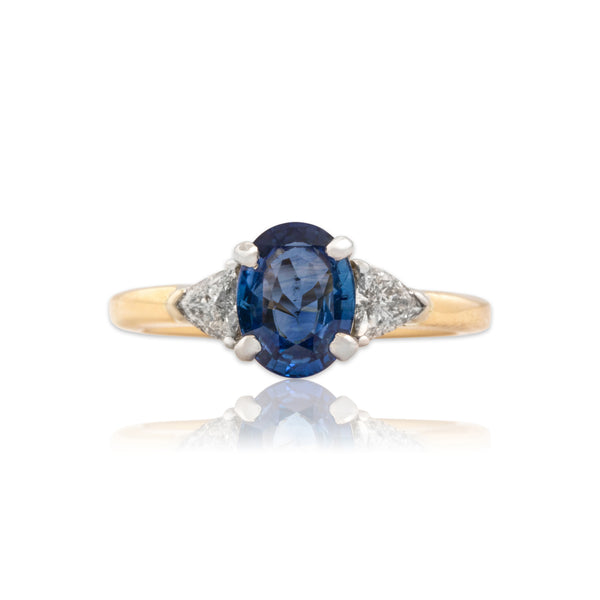 Vintage 14k Yellow & White Gold 1.42ct Blue Sapphire Diamond Trio Accent Ring 6.50