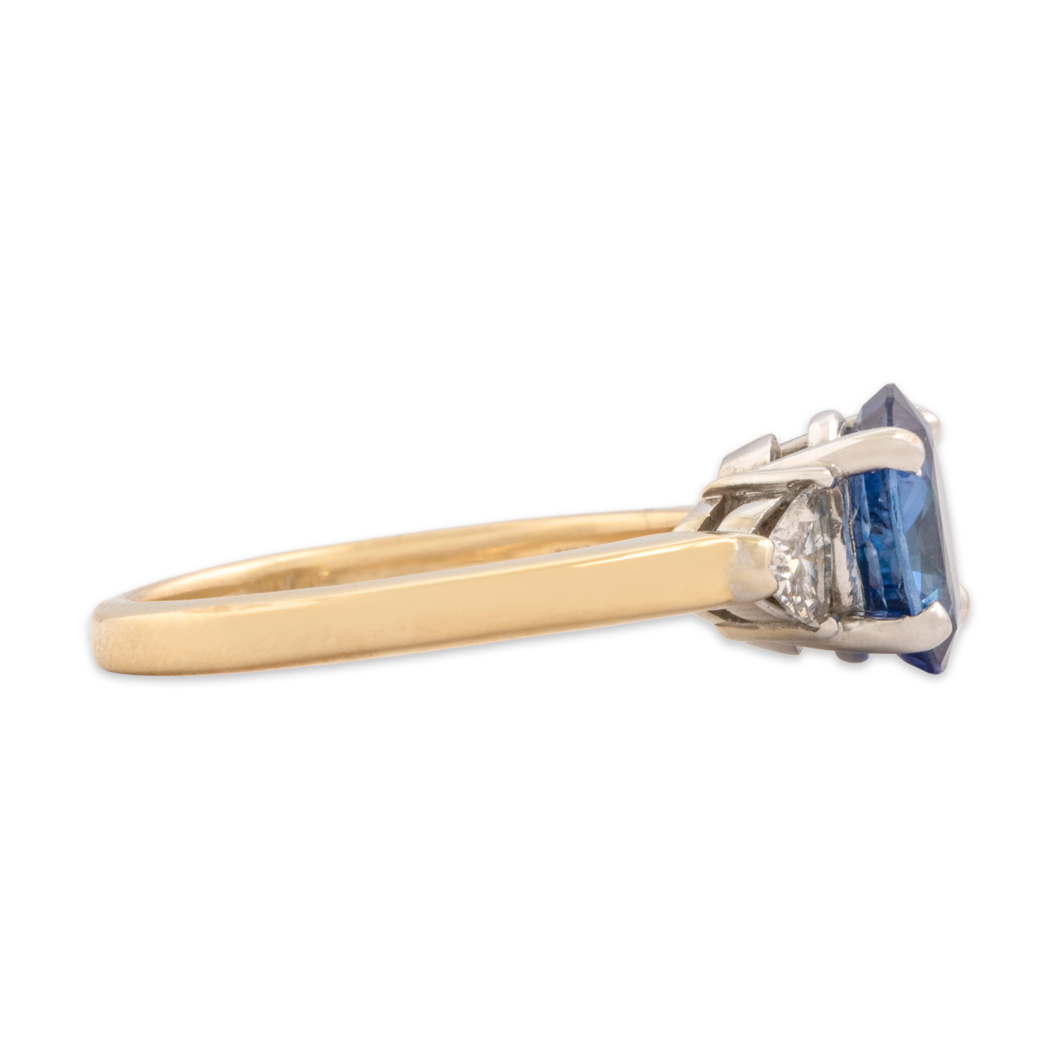 Vintage 14k Yellow & White Gold 1.42ct Blue Sapphire Diamond Striking Trilliant Accent Trio Ring - Side view