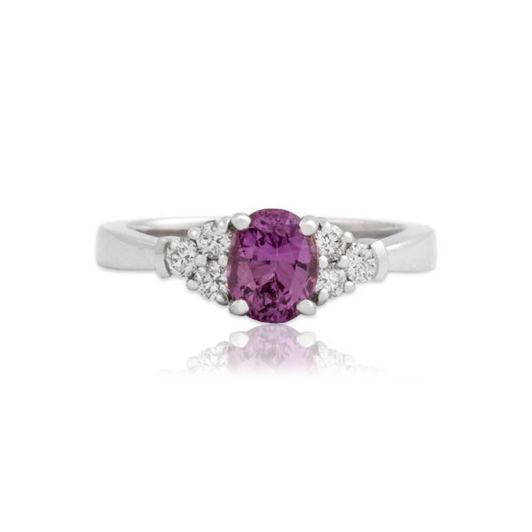 Vintage 14k White Gold 1.29ct Pink Sapphire Diamond Bright Oval Ring 6.75