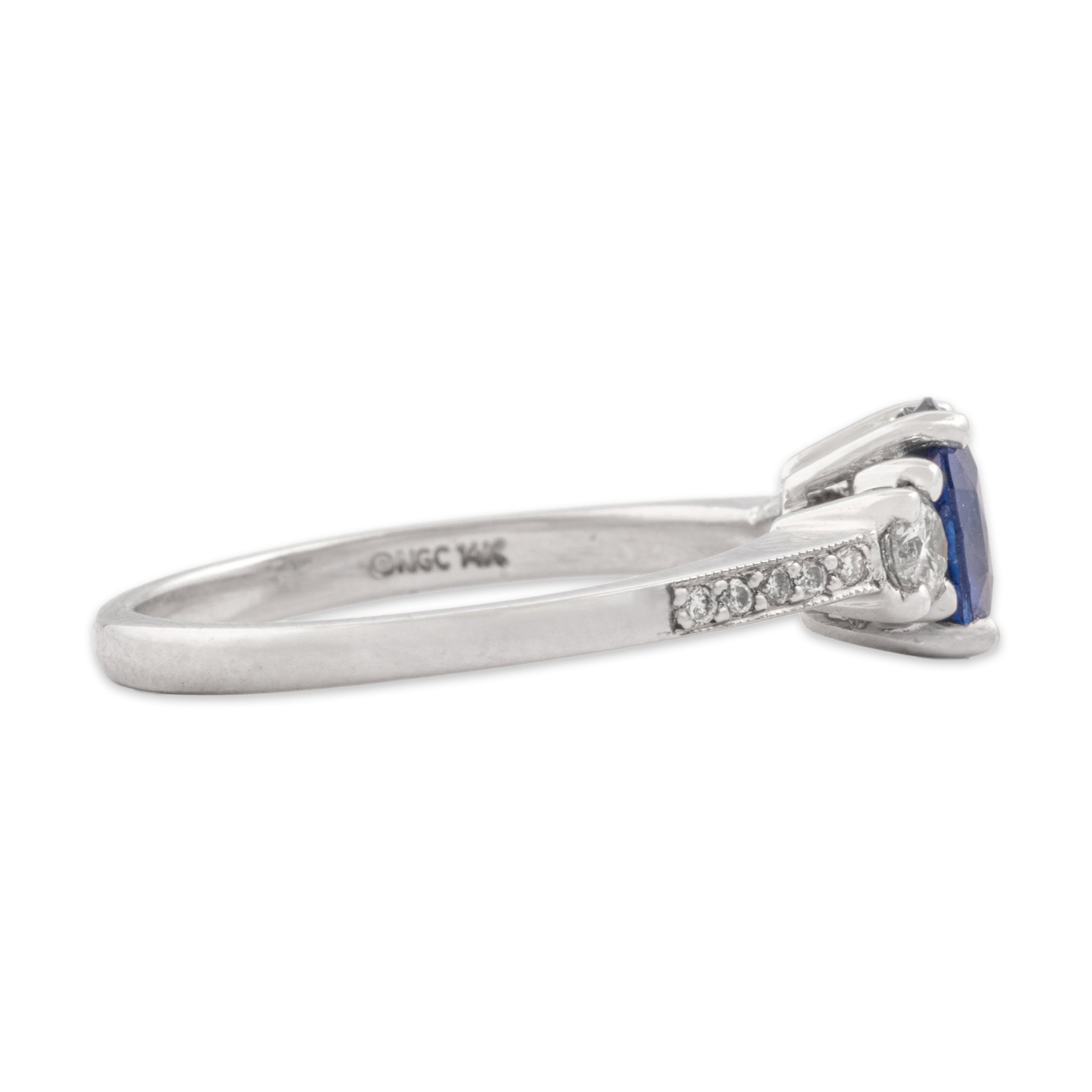 Vintage 14k White Gold .85ct Blue Sapphire White Diamond Elegant Accent Shoulder Ring - Side view