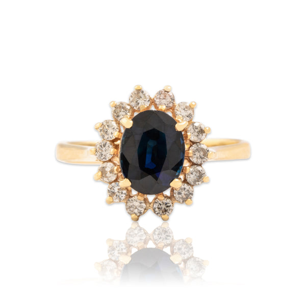 Vintage 14k Yellow Gold 1.78ct Blue Sapphire Diamond Elegant Halo Ring 6.50