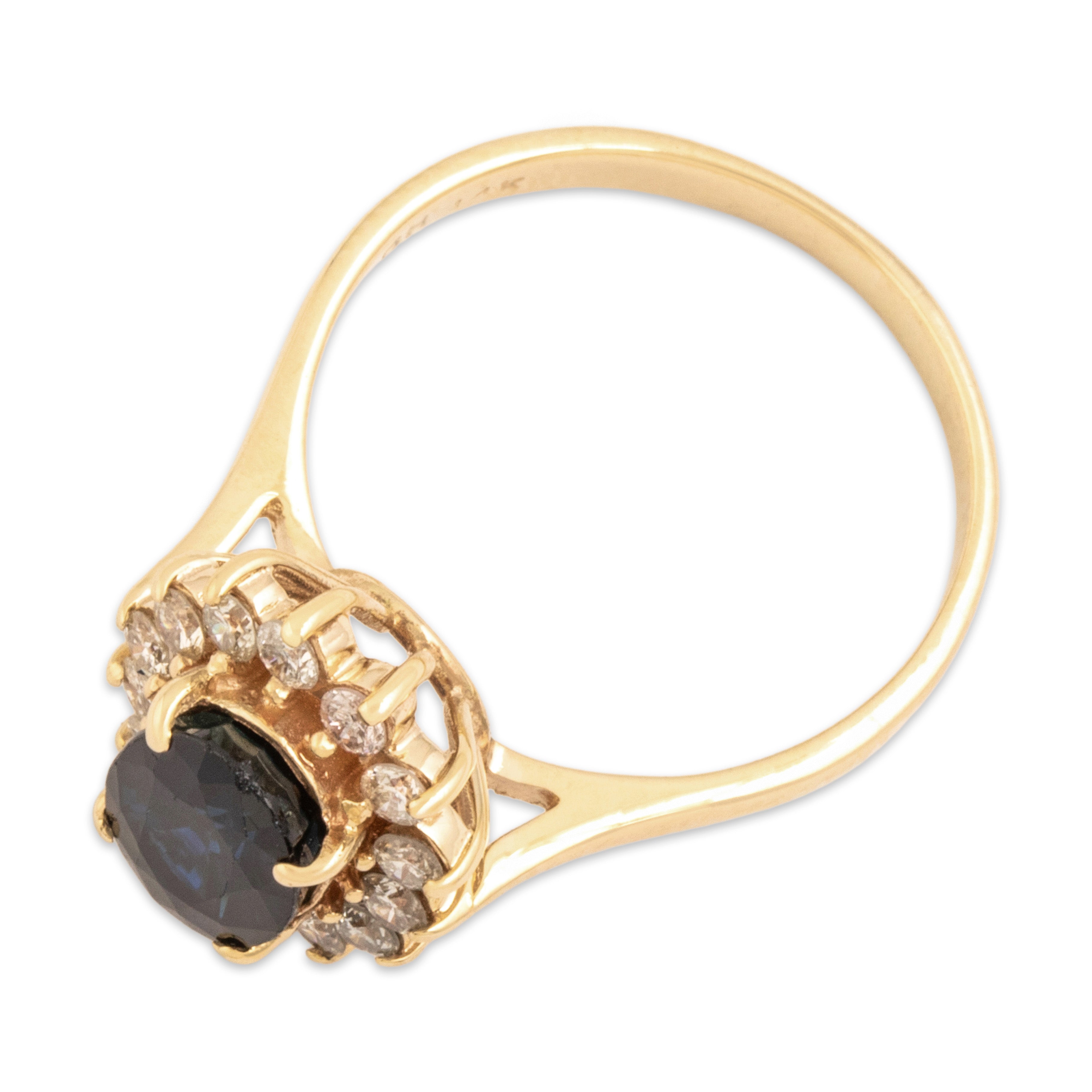 Vintage 14k Yellow Gold 1.78ct Blue Sapphire Diamond Elegant Halo Ring 6.50