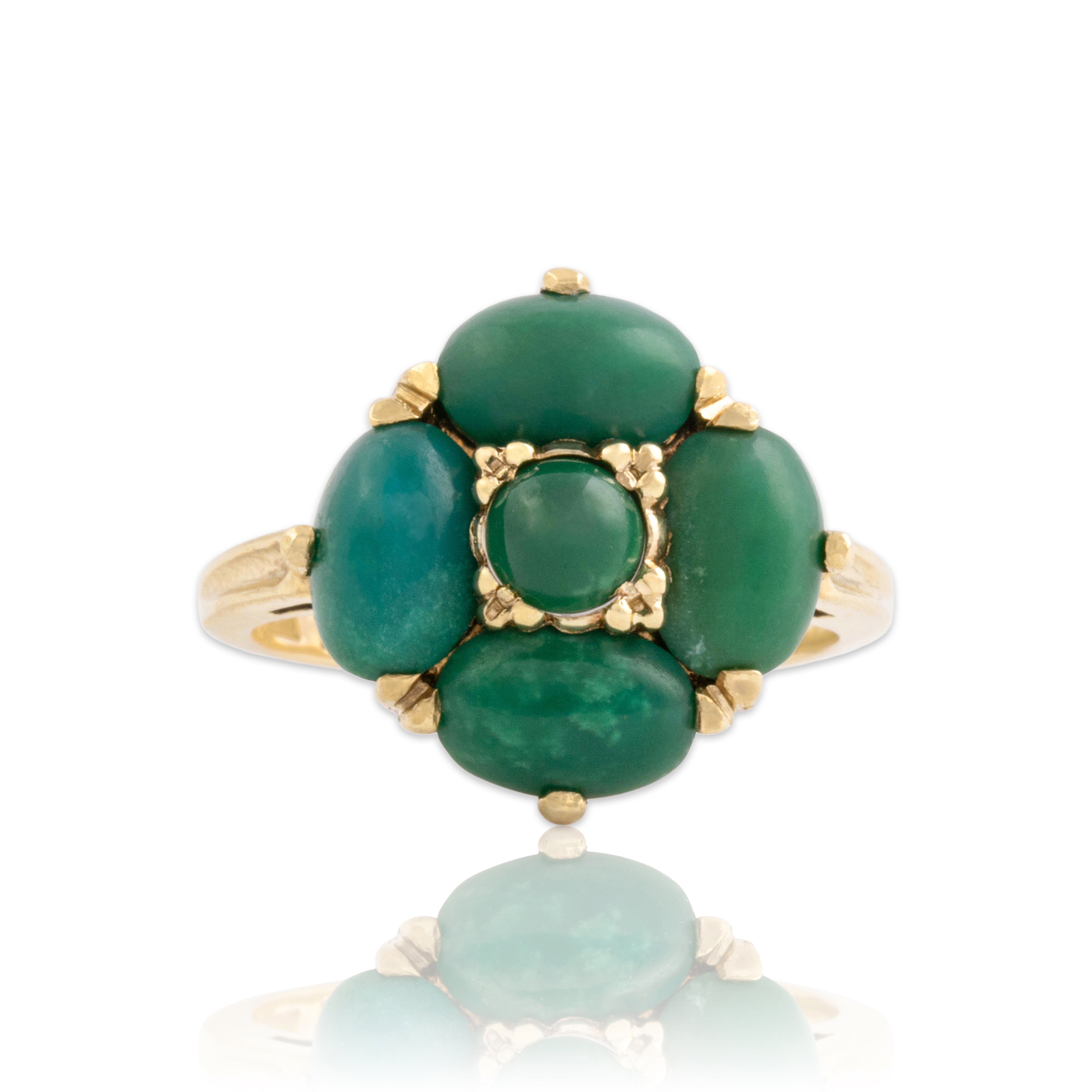 Vintage 10k Yellow Gold 2.23cttw Green Turquoise Cabochon Quatrefoil Ring 4.00
