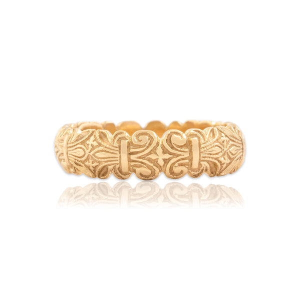 Vintage 14k Yellow Gold Intricate Fleur De Lis Scroll Eternity Band Ring - Close-up view