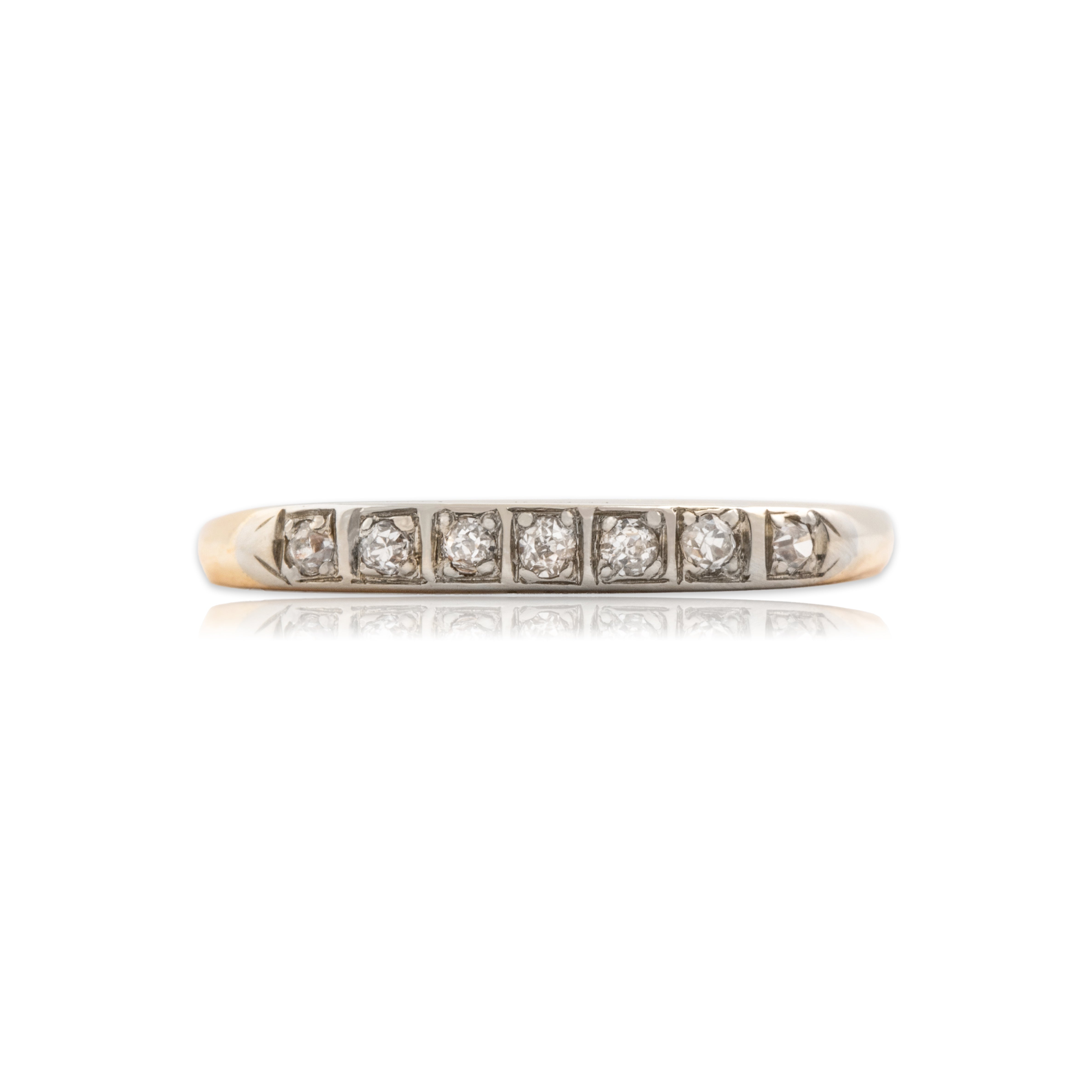 Antique 14k Yellow & White Gold Old Mine Cut Diamond Petite Seven Stone Band Ring - Close-up view
