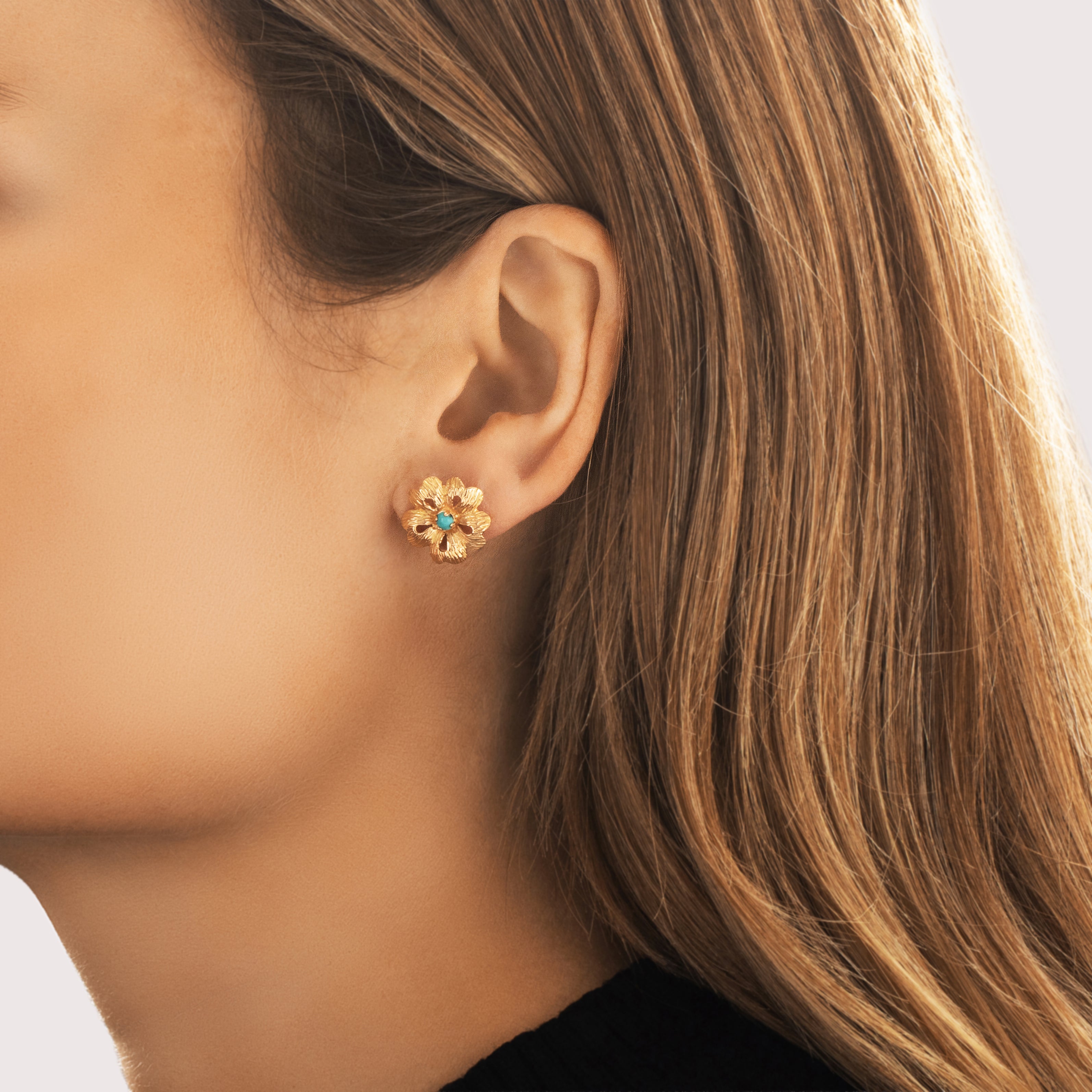 Vintage 14k Rosy Yellow Gold Turquoise Blooming Textured Floral Stud Earrings - On model view