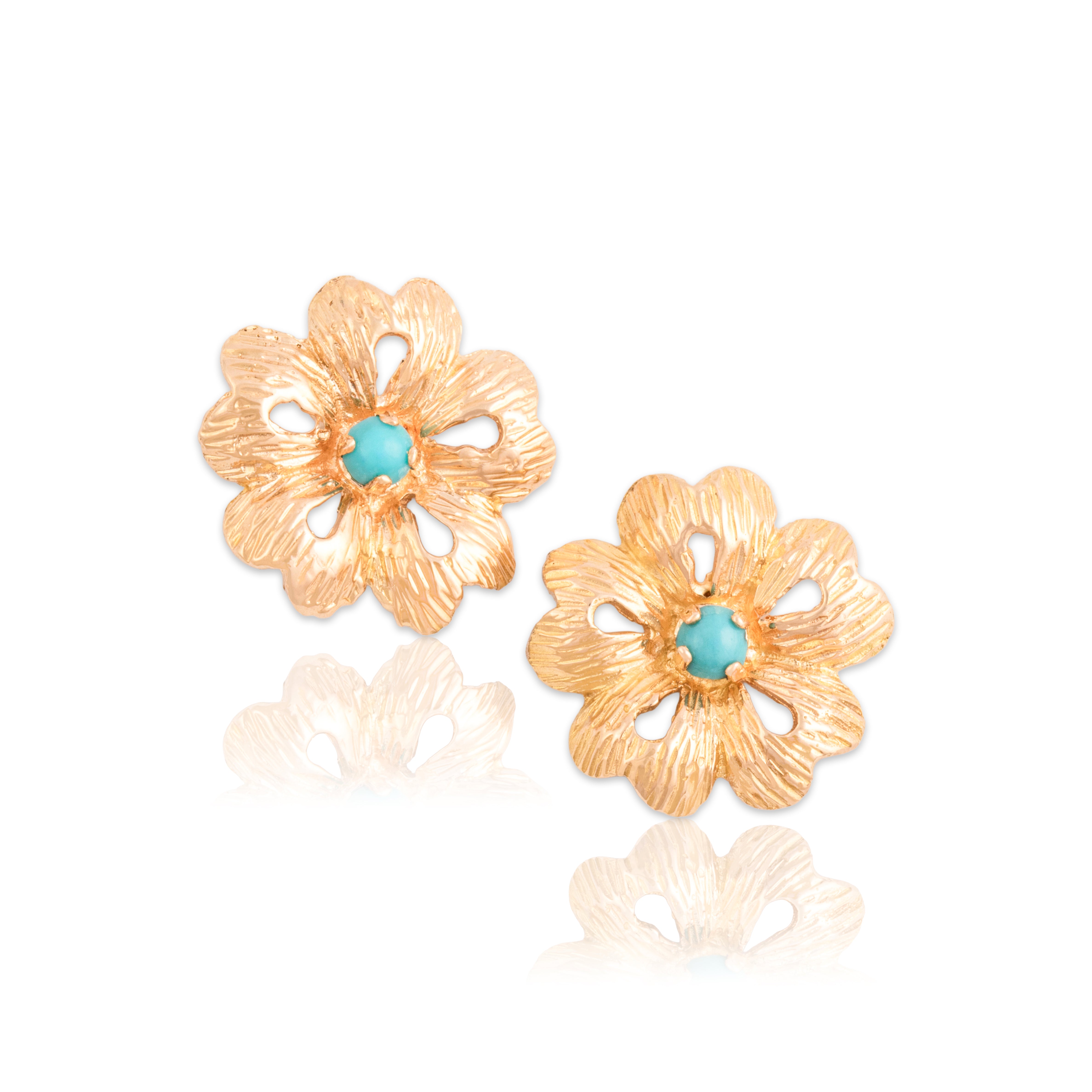 Vintage 14k Rosy Yellow Gold Turquoise Blooming Textured Floral Stud Earrings