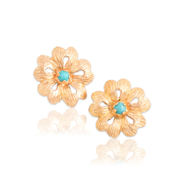 Vintage 14k Rosy Yellow Gold Turquoise Blooming Textured Floral Stud Earrings