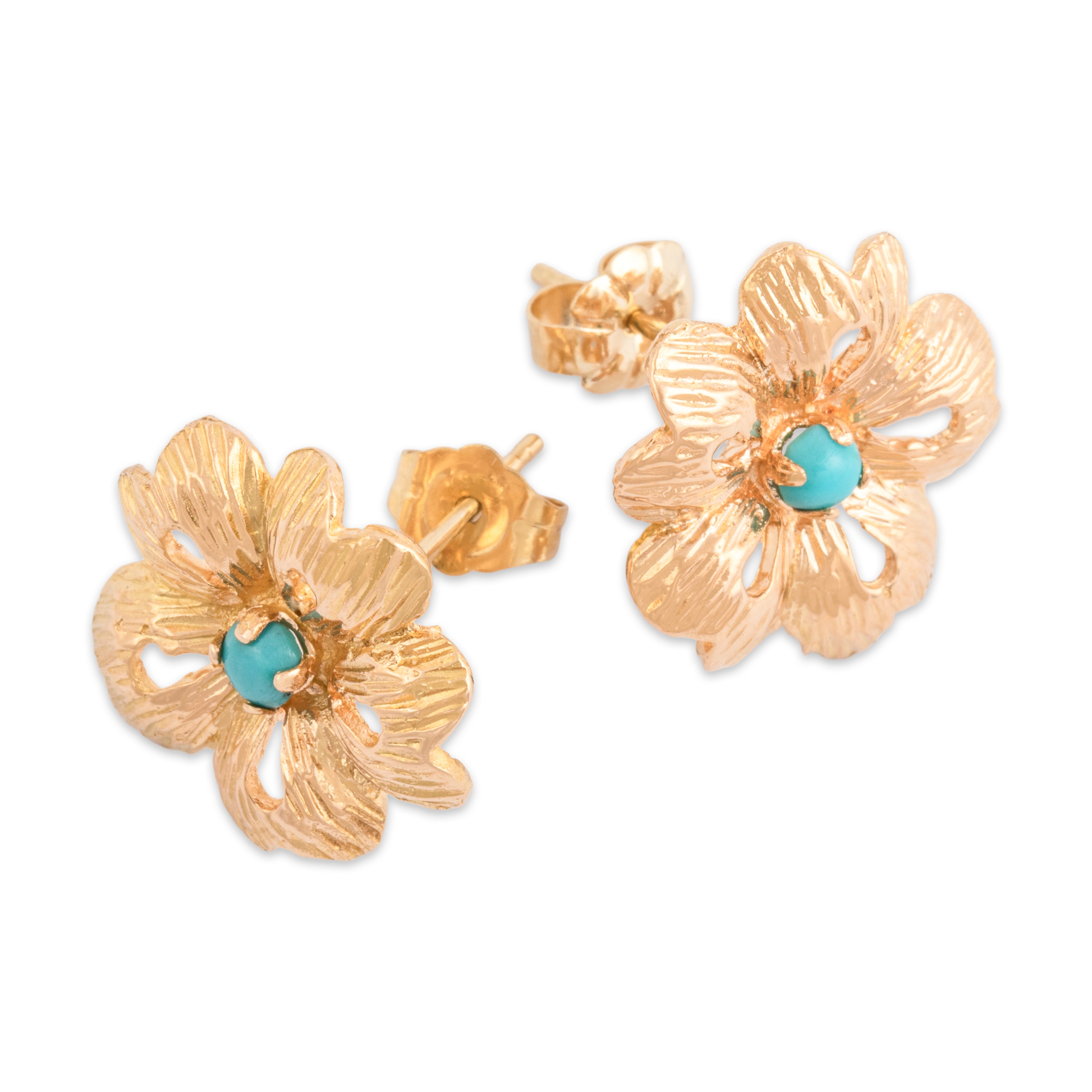 Vintage 14k Rosy Yellow Gold Turquoise Blooming Textured Floral Stud Earrings - Overall view