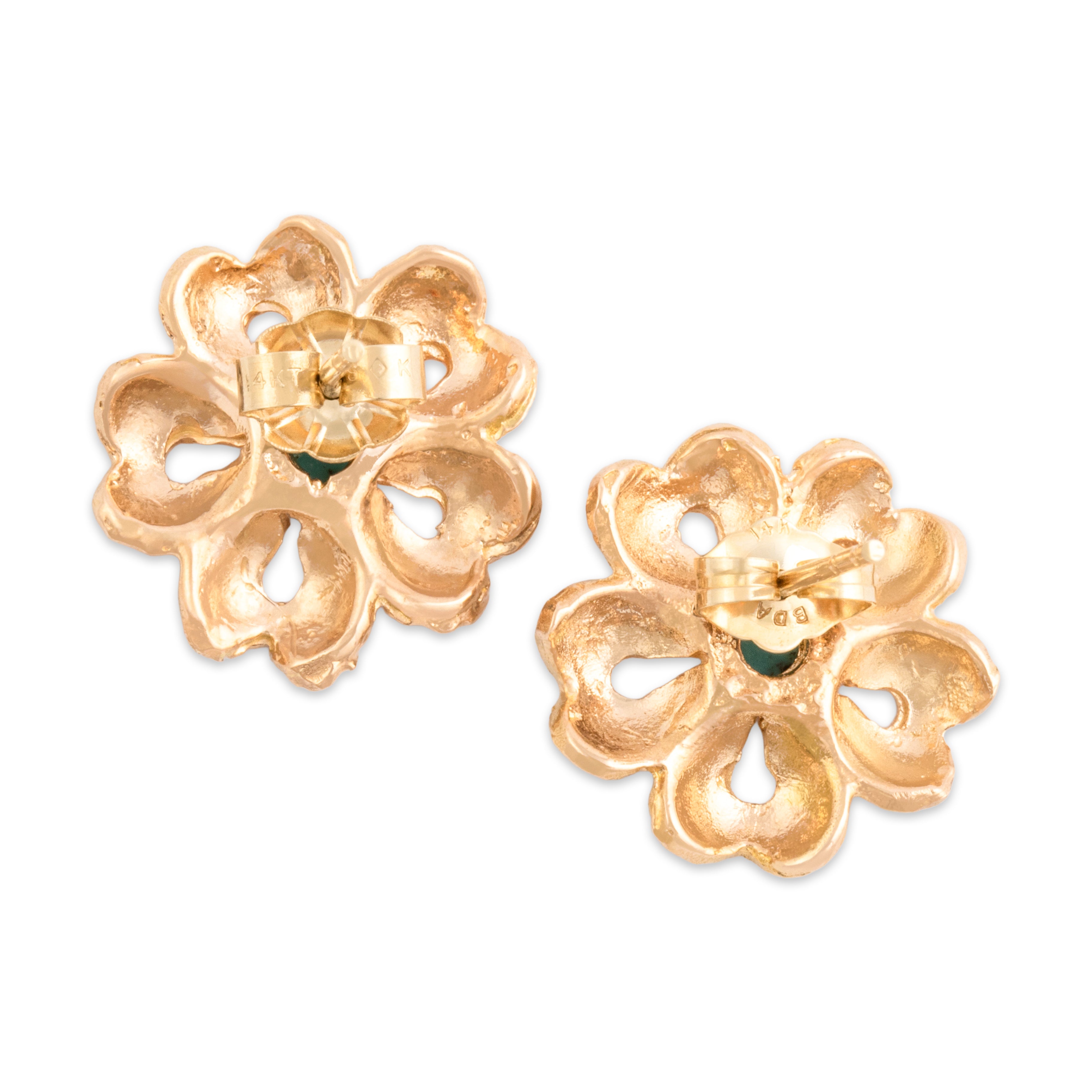 Vintage 14k Rosy Yellow Gold Turquoise Blooming Textured Floral Stud Earrings - Back view