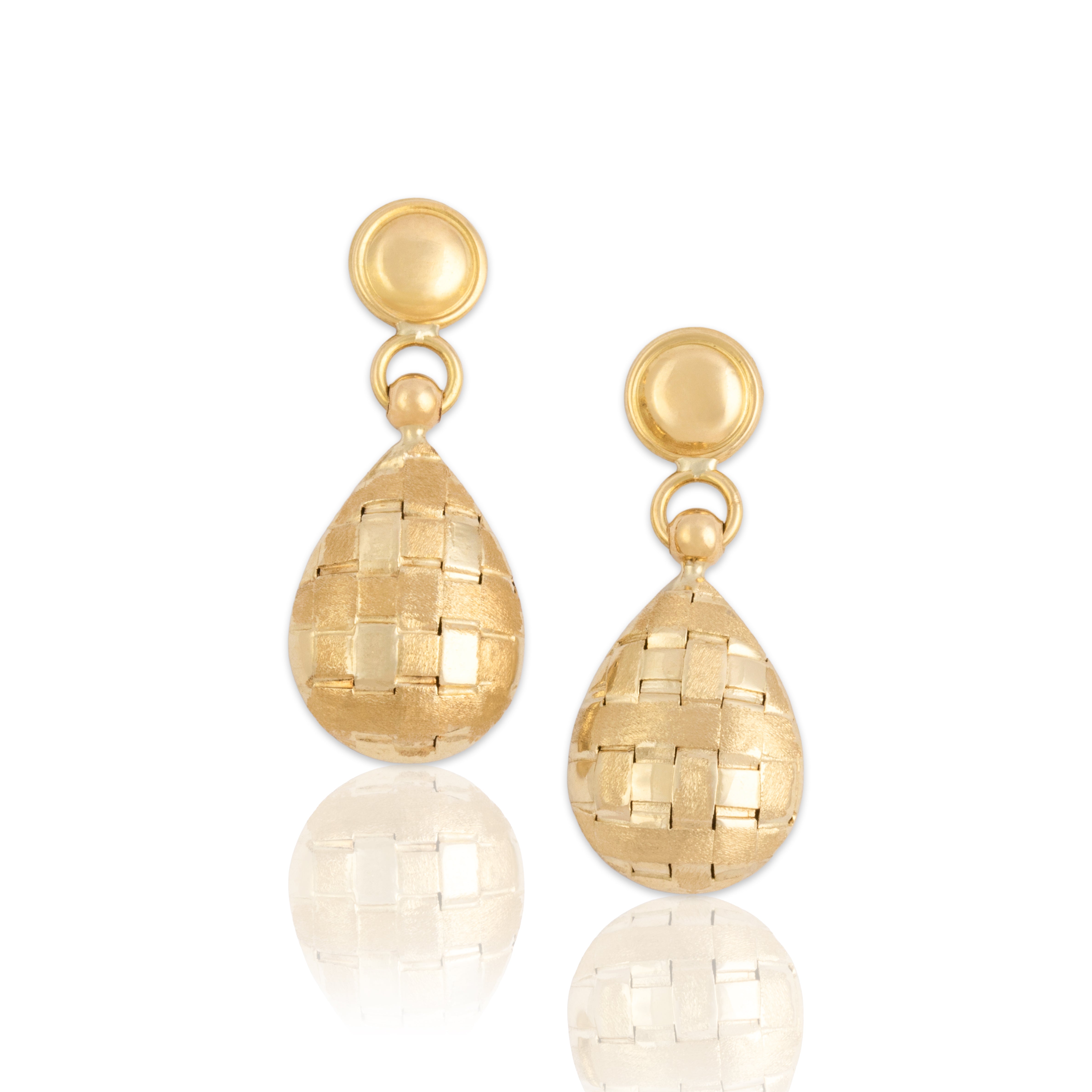 Vintage Italian 14k Yellow Gold Dual Texture Woven Stud Dangle Earrings - Close-up view