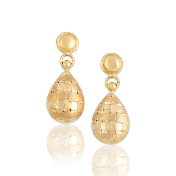 Vintage Italian 14k Yellow Gold Dual Texture Woven Stud Dangle Earrings