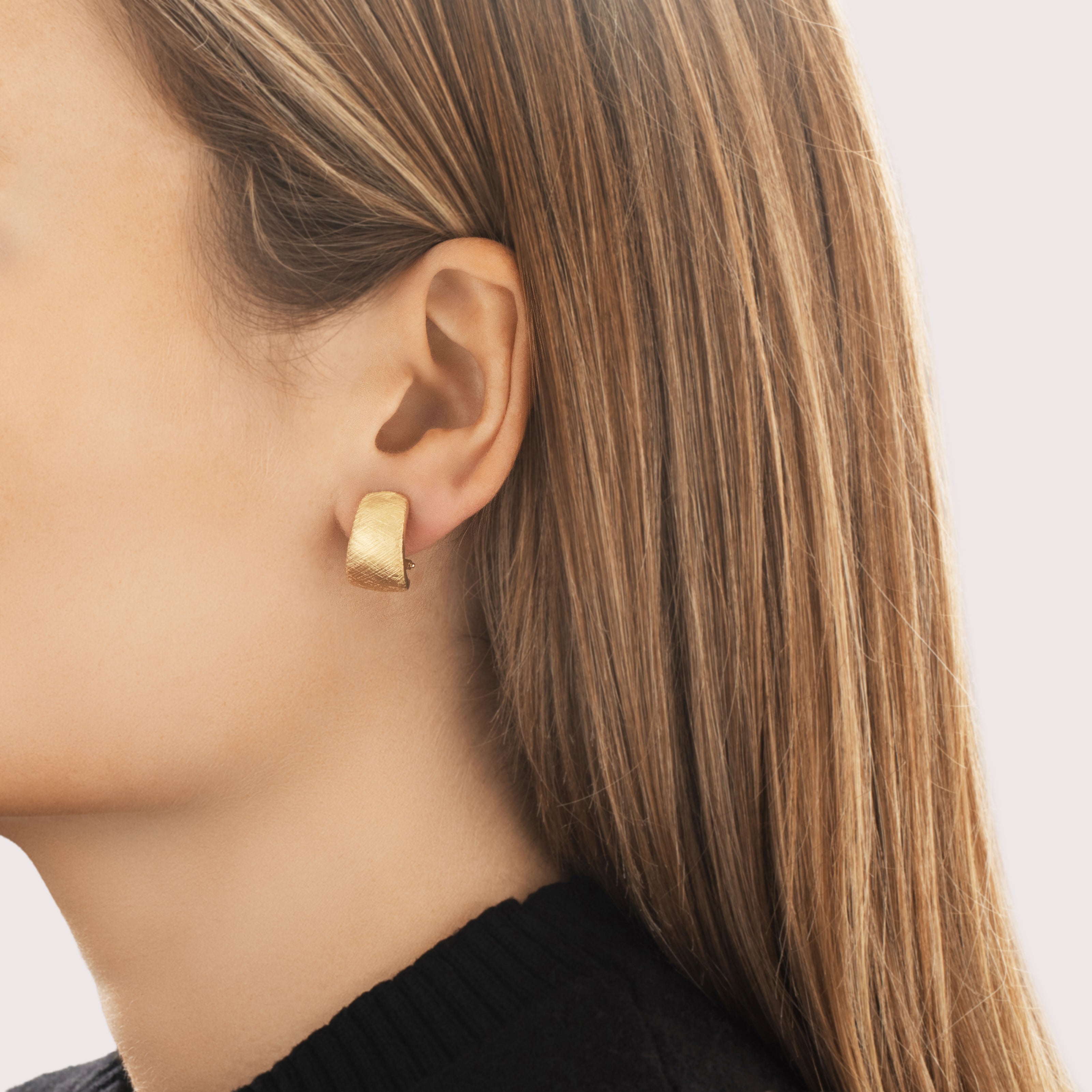 Vintage Italian 14k Yellow Gold Rustic Textured Omega-Back Earrings - On model view