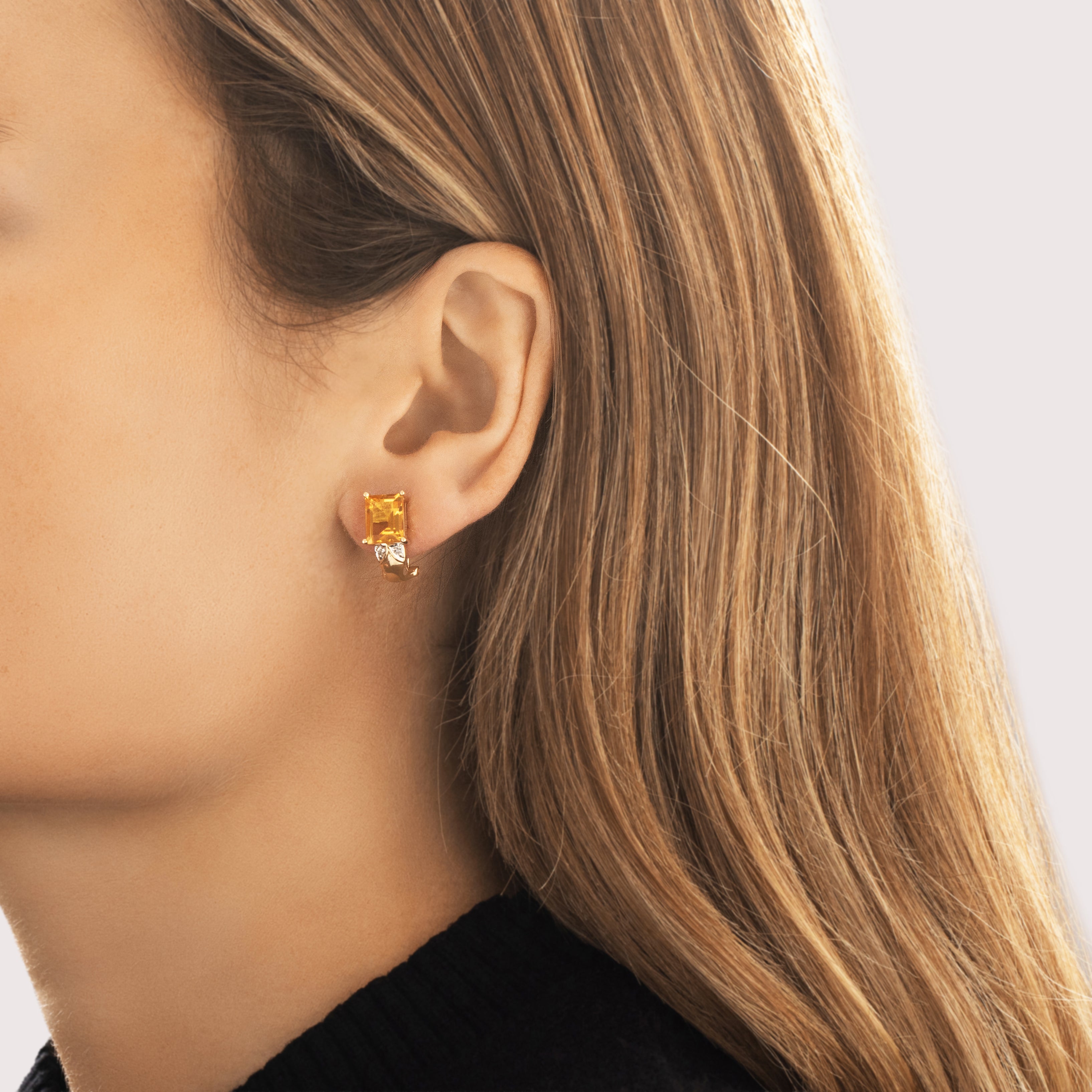 Vintage 14k Yellow Gold 4.47cttw Citrine Diamond Shining Chevron Omega-Back Earrings - On model view