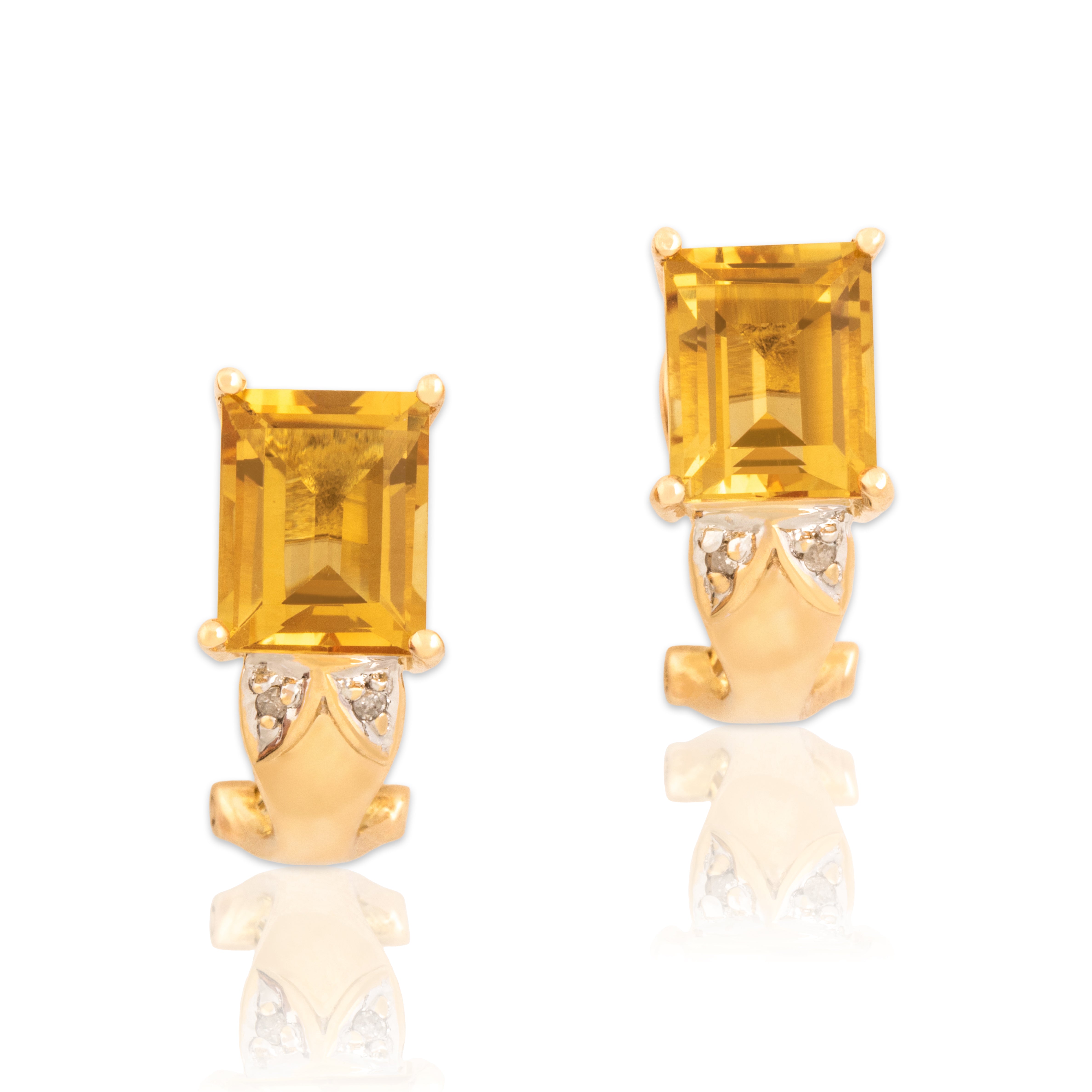 Vintage 14k Yellow Gold 4.47cttw Citrine Diamond Chevron Omega-Back Earrings
