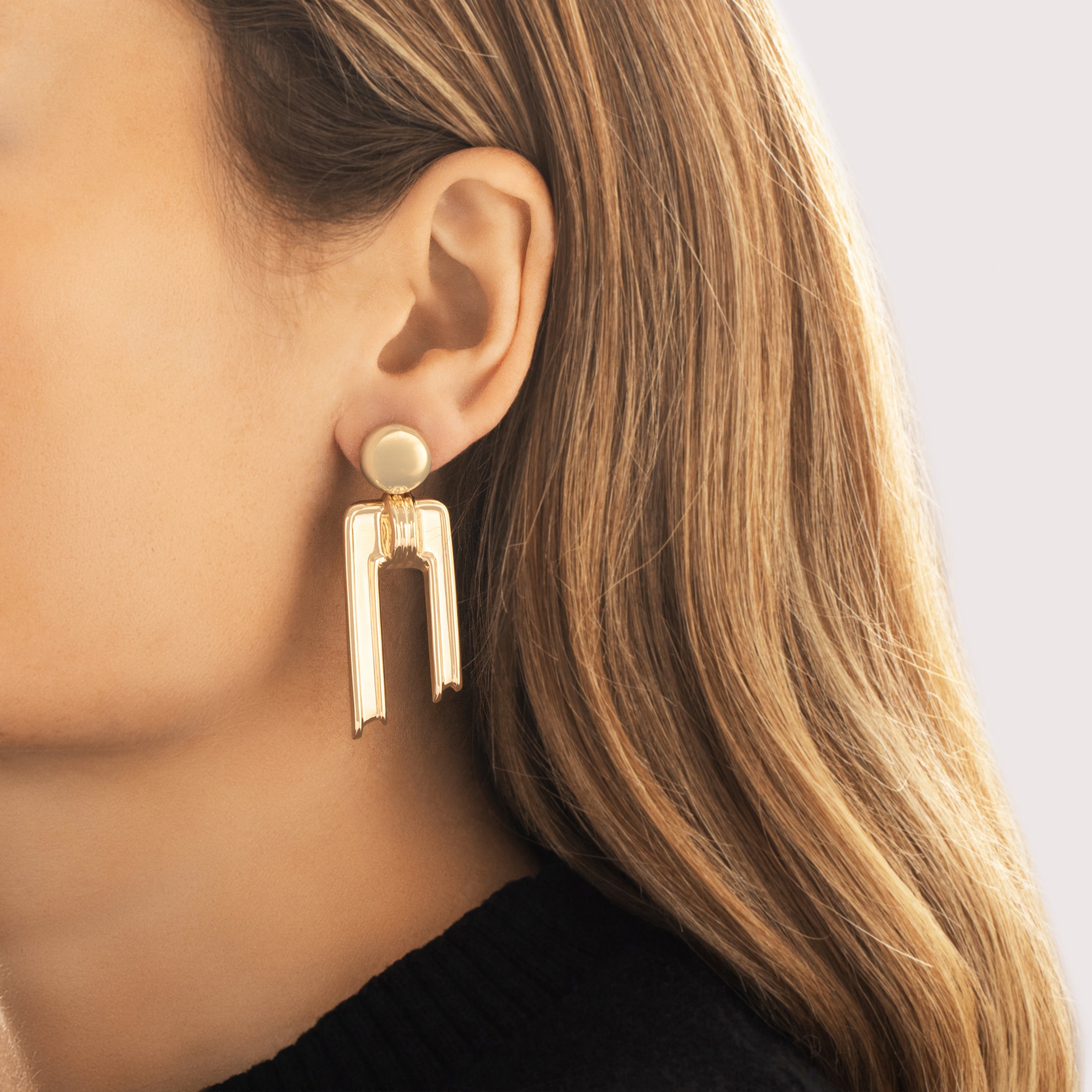 Vintage Large 14k Yellow Gold Doorknocker Statement Stud Dangle Earrings - On model view