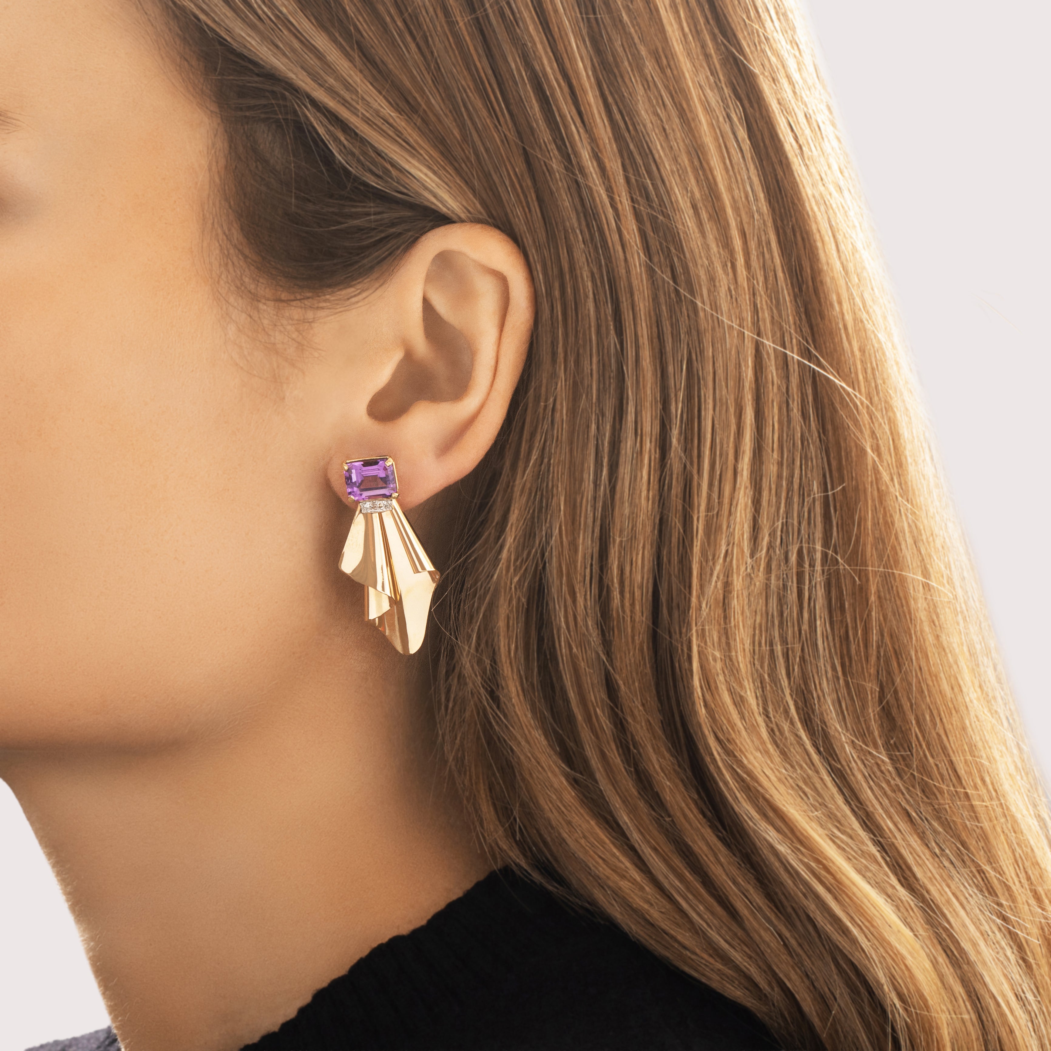 Vintage 14k Yellow Gold 5.7cttw Amethyst Diamond Brilliant Folded Ribbon Stud Dangle Earrings - On model view