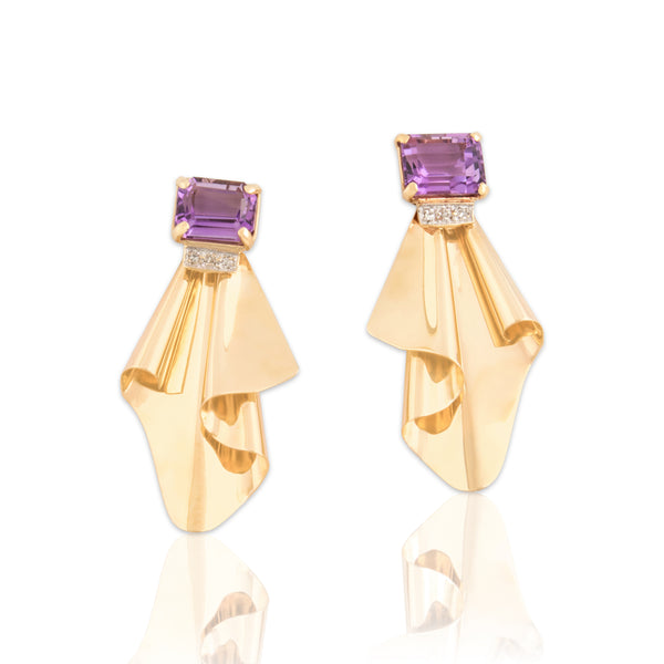 Vintage 14k Yellow Gold 5.7cttw Amethyst Diamond Folded Ribbon Stud Dangle Earrings