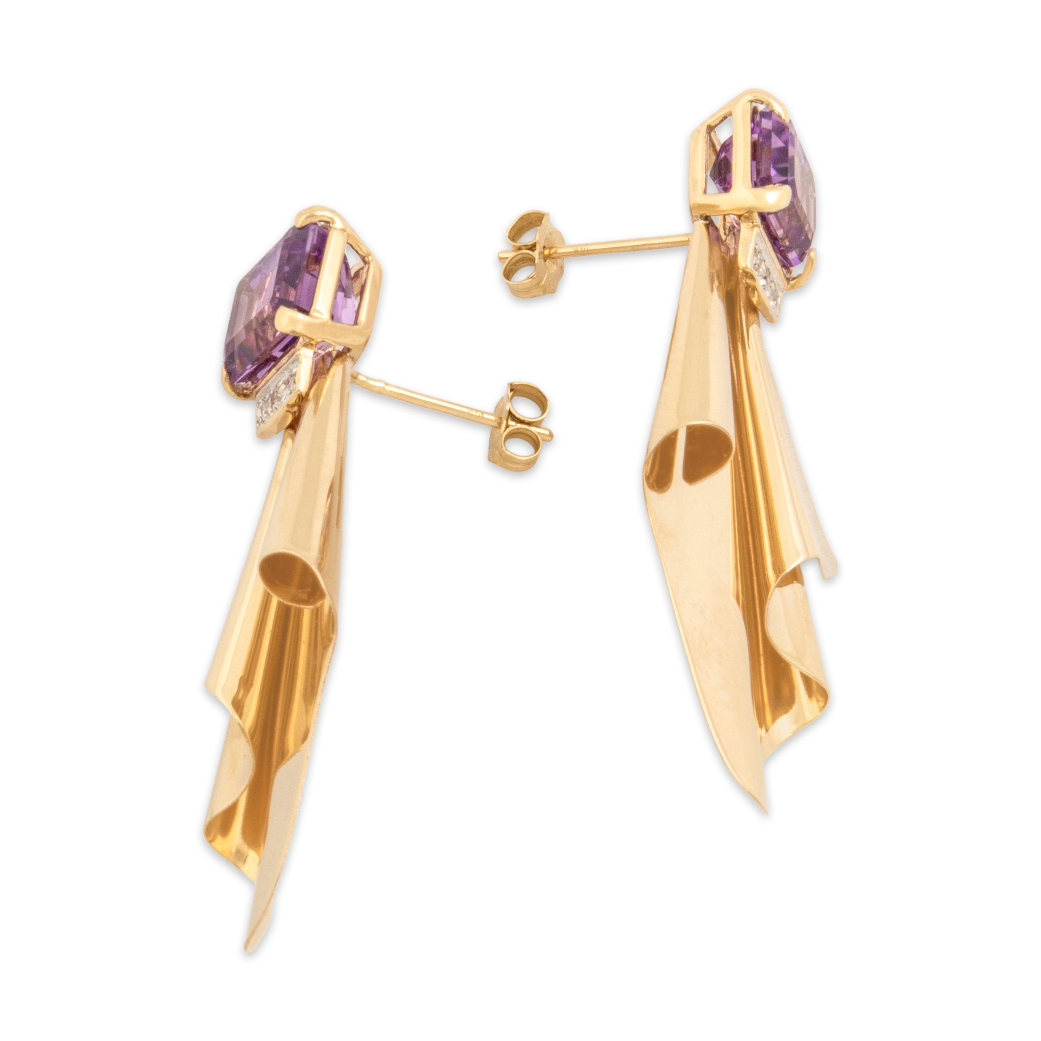 Vintage 14k Yellow Gold 5.7cttw Amethyst Diamond Folded Ribbon Stud Dangle Earrings