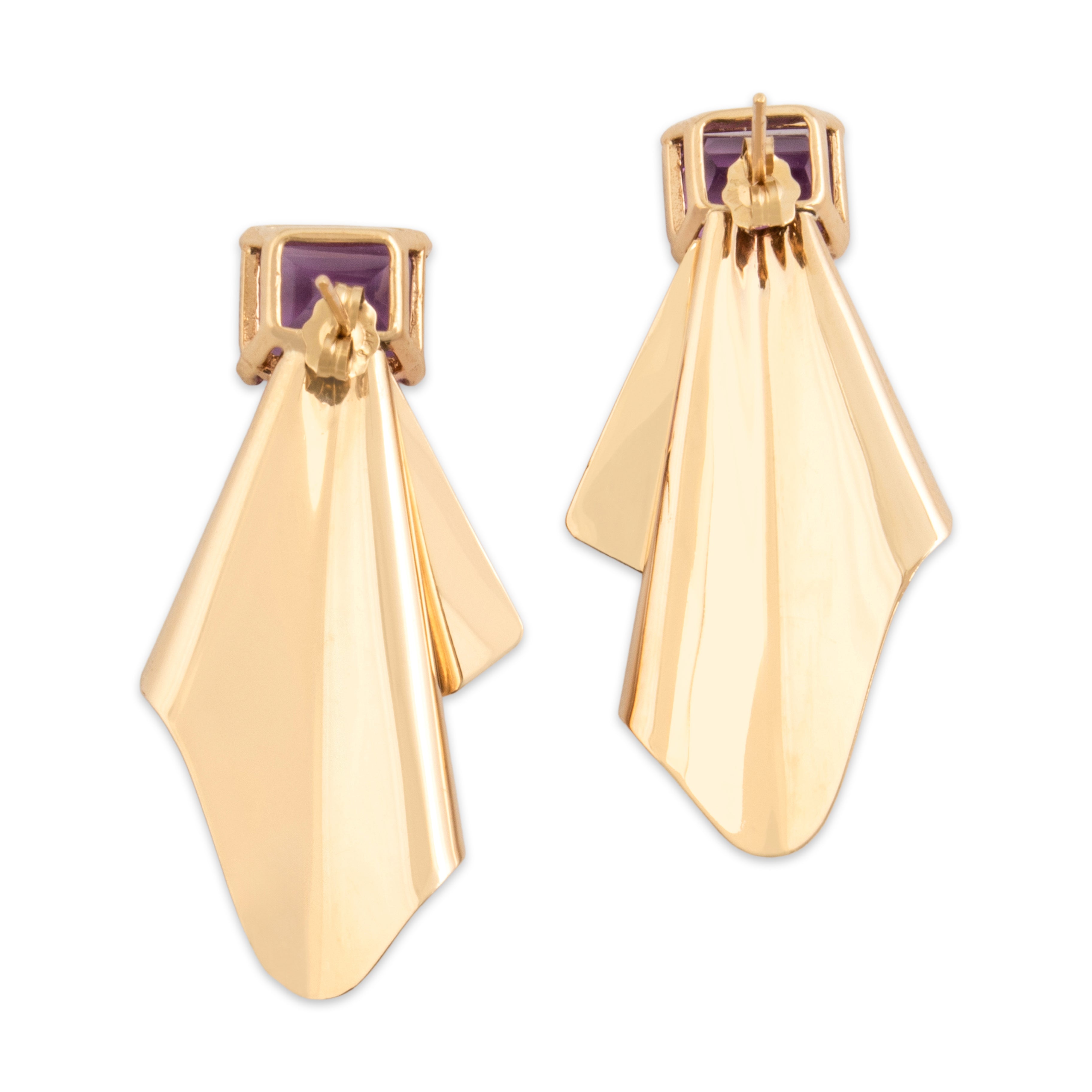 Vintage 14k Yellow Gold 5.7cttw Amethyst Diamond Folded Ribbon Stud Dangle Earrings