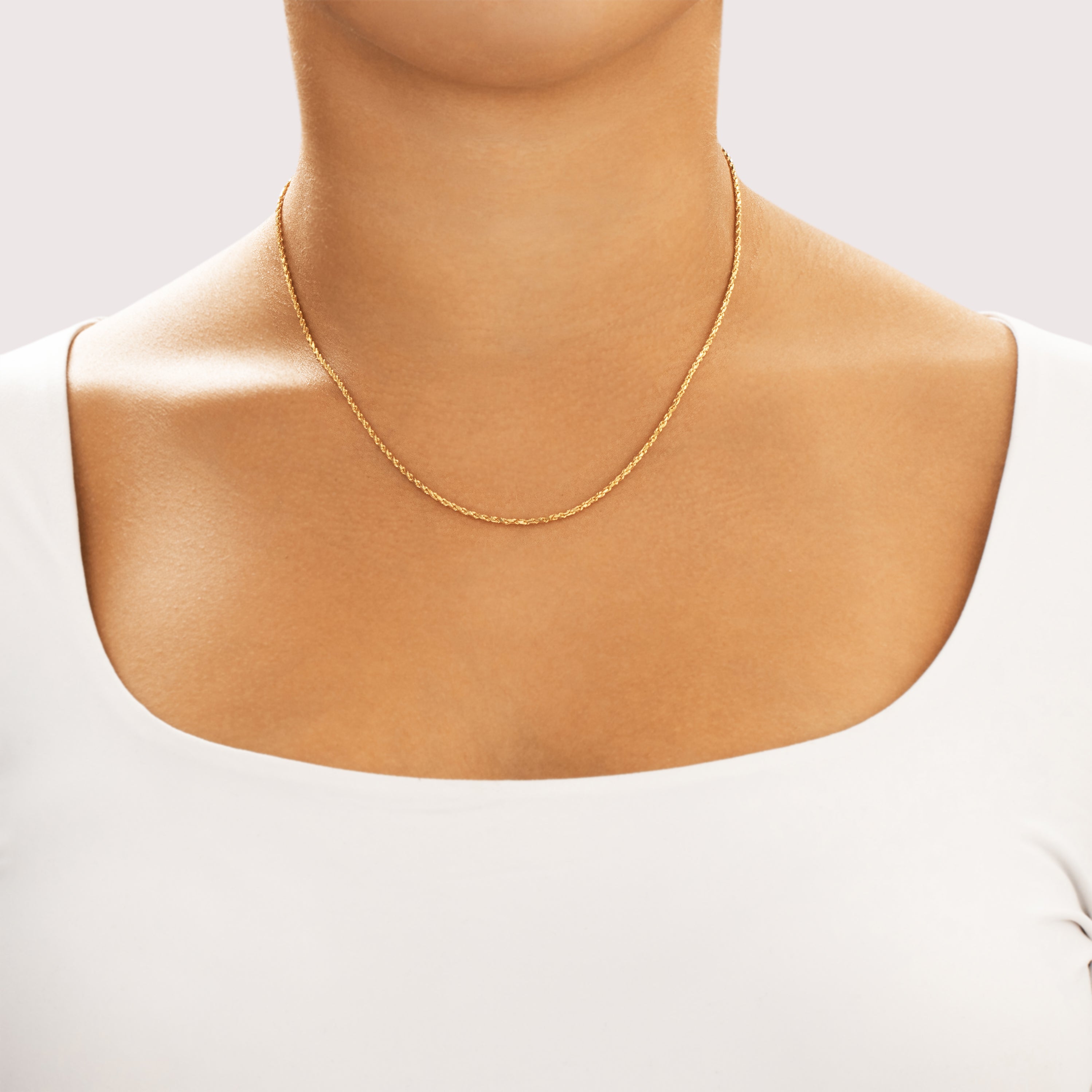 Vintage Italian 14k Yellow Gold 1.55mm Sparkly Faceted Twisted Rope Chain - On model view