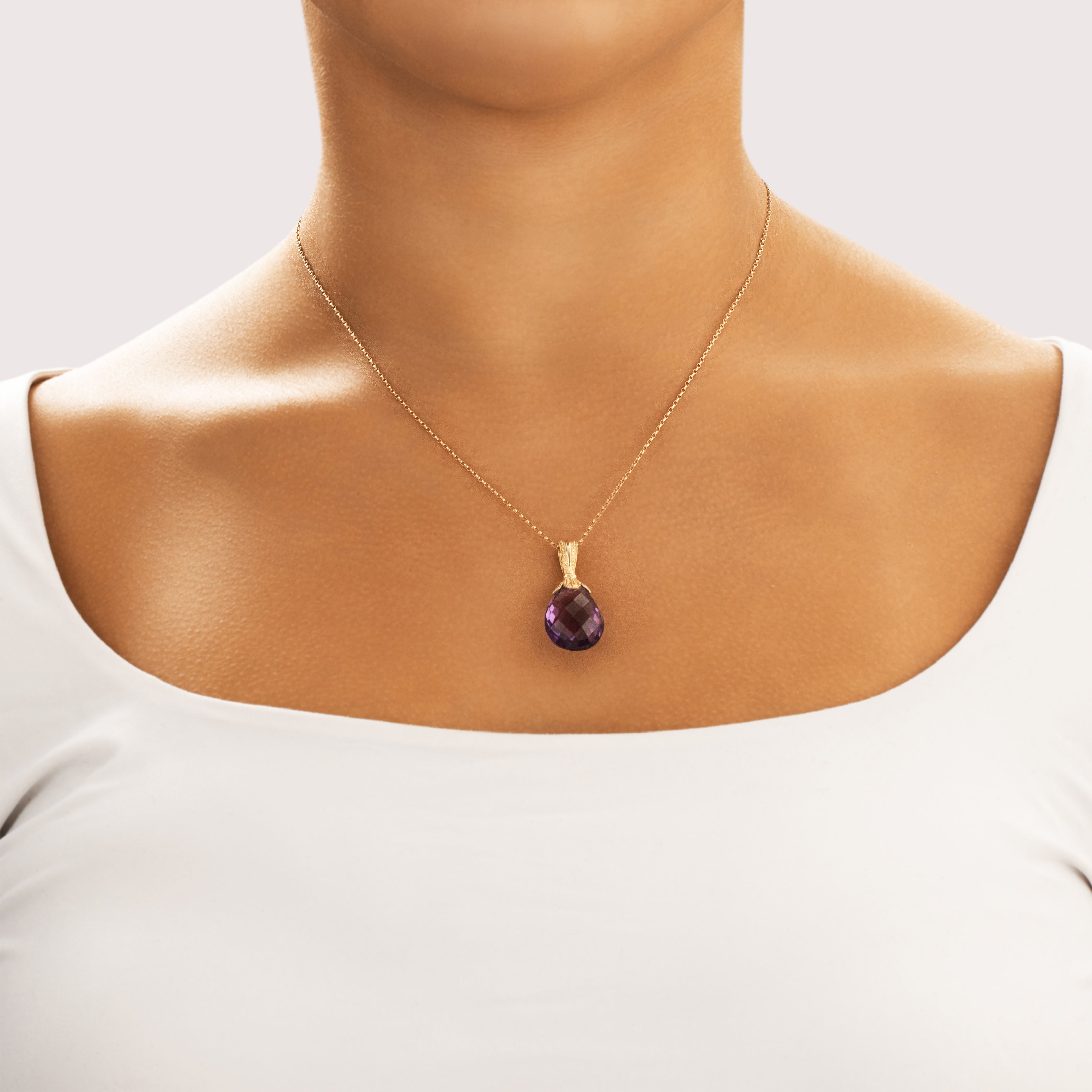 Vintage 14k Yellow Gold 16.09ct Amethyst Gleaming Checkerboard Drop Enhancer Pendant - On model view