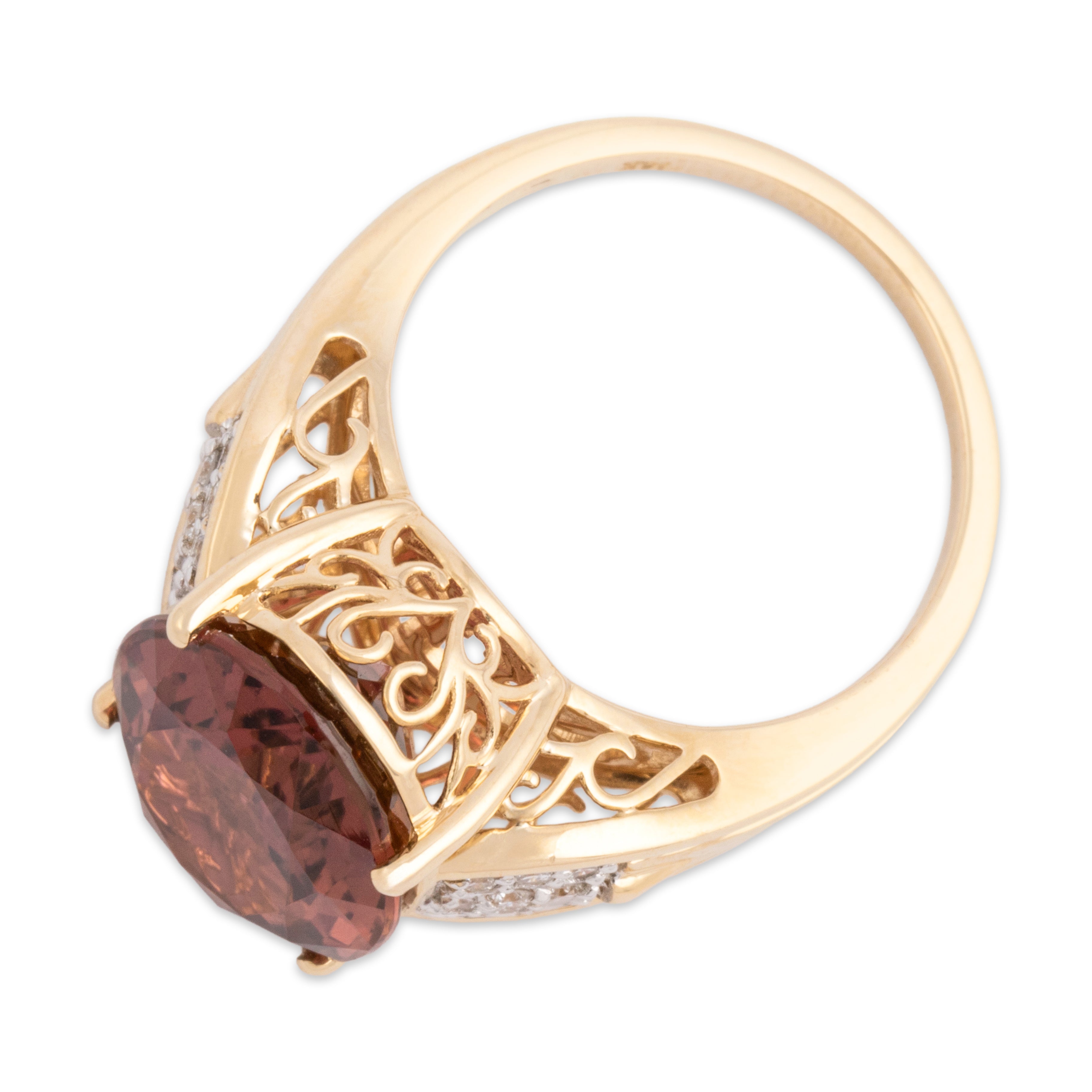 Estate Lance Fischer 14k Yellow Gold 6.63ct Deep Peach Tourmaline Diamond Stunning Openwork Cocktail Ring - Overall view