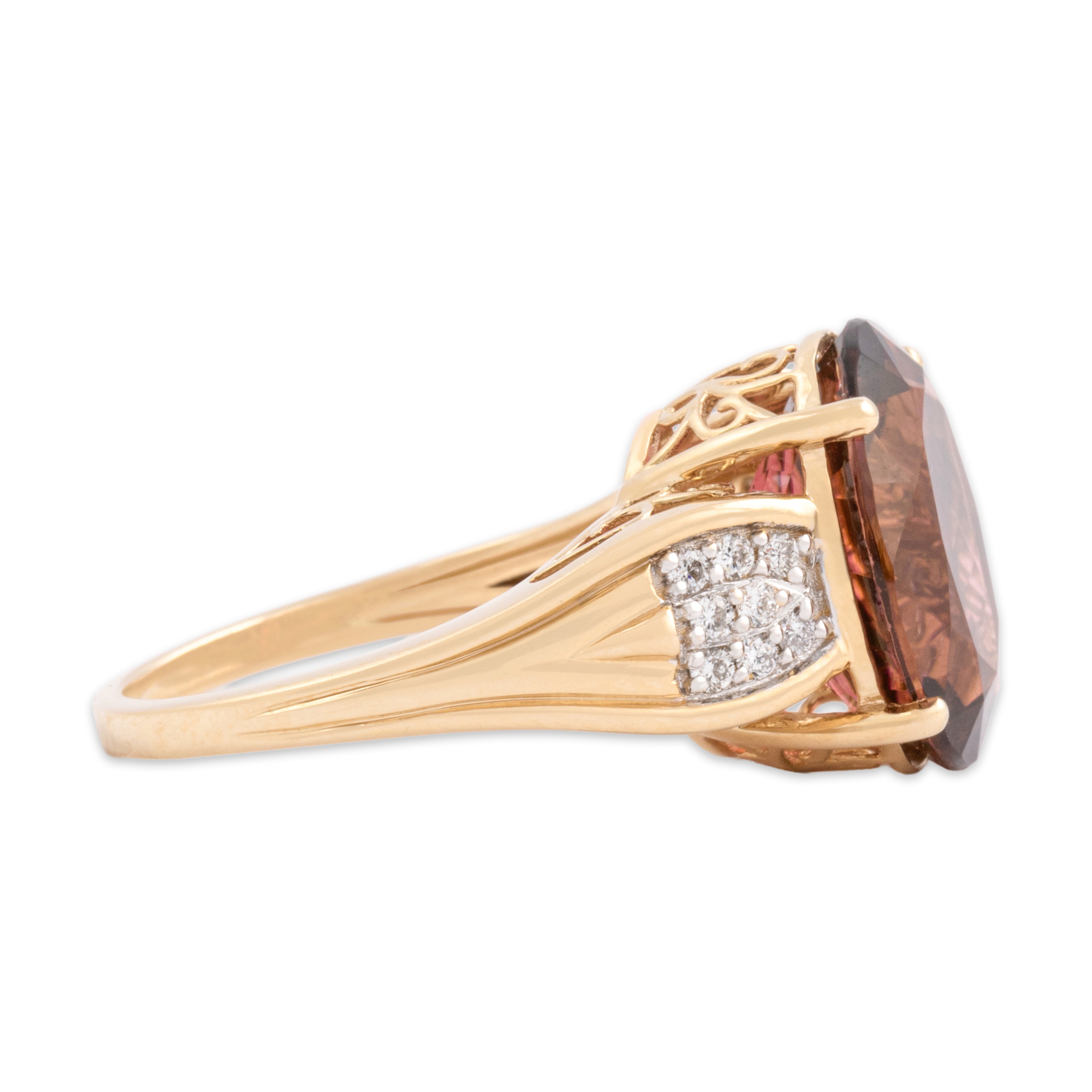 Estate Lance Fischer 14k Yellow Gold 6.63ct Deep Peach Tourmaline Diamond Stunning Openwork Cocktail Ring - Side view