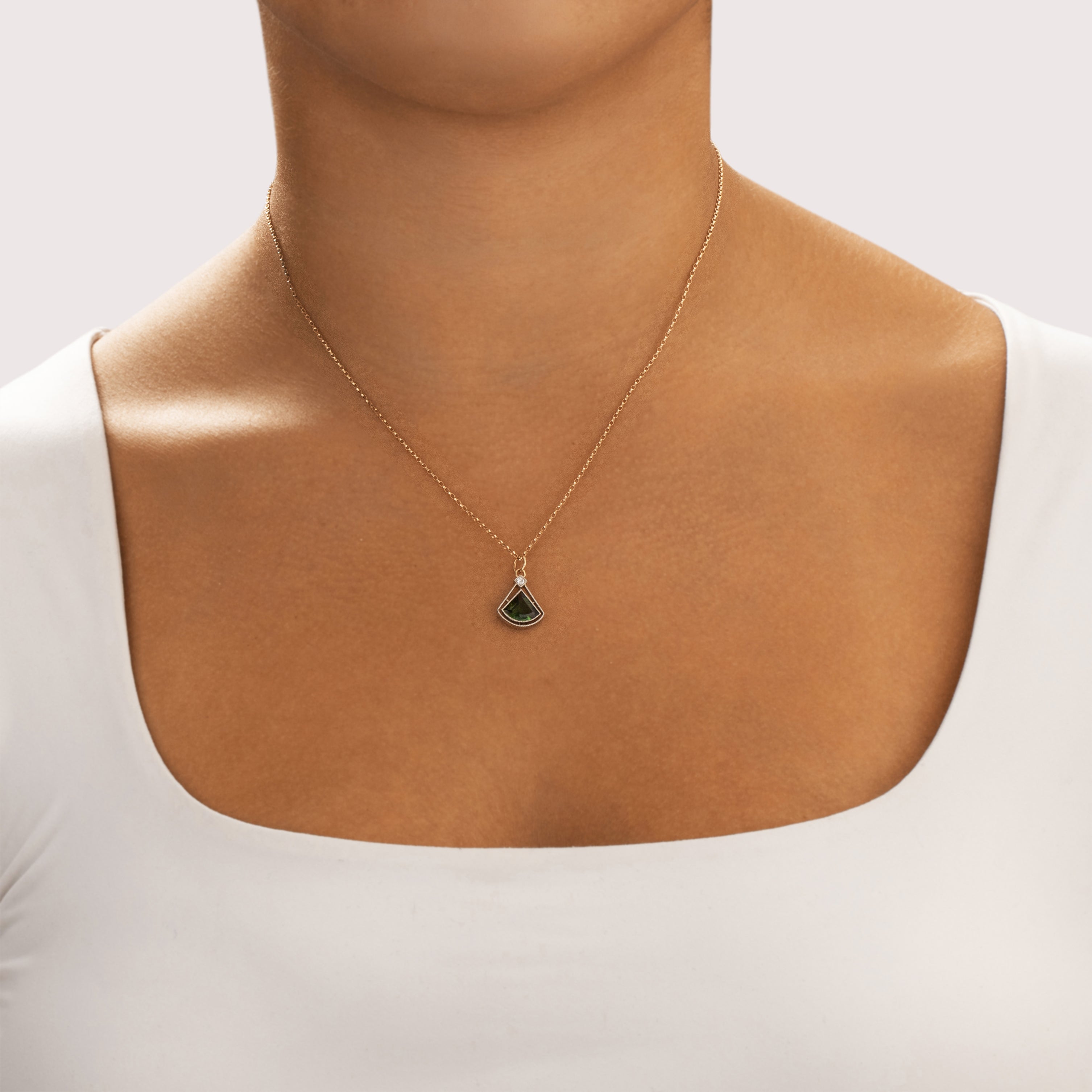 Antique Art Deco Platinum & 14k Yellow Gold 1.46ct Green Tourmaline Diamond Open Geometric Milgrain Charm / Pendant - On model view