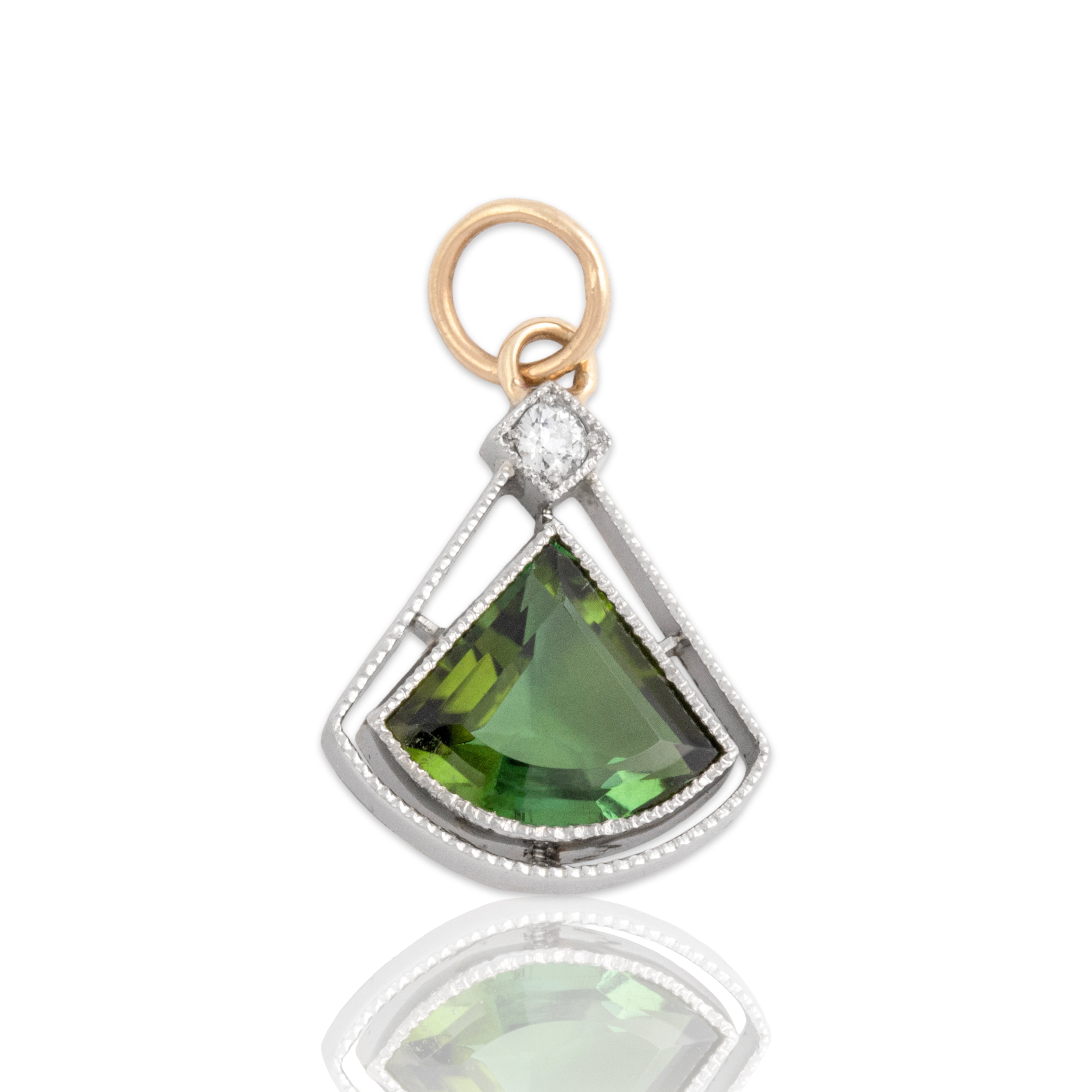 Antique Art Deco Platinum & 14k Yellow Gold 1.46ct Green Tourmaline Diamond Open Geometric Milgrain Charm / Pendant - Close-up view