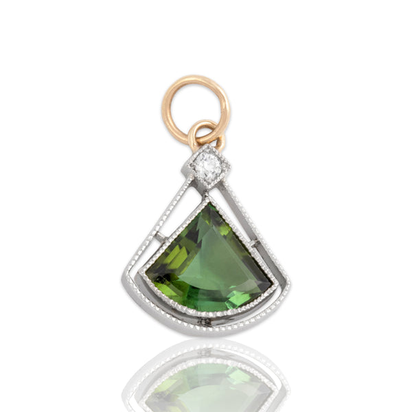 Antique Art Deco Platinum & 14k Yellow Gold 1.46ct Green Tourmaline Diamond Pendant