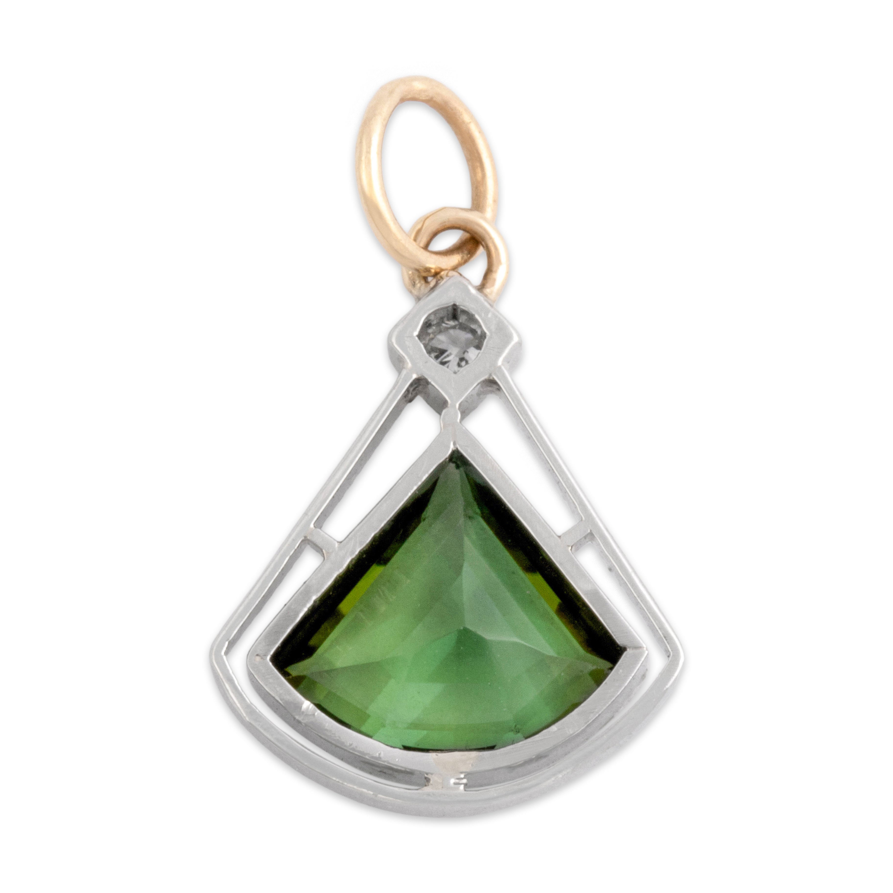 Antique Art Deco Platinum & 14k Yellow Gold 1.46ct Green Tourmaline Diamond Open Geometric Milgrain Charm / Pendant - Back view