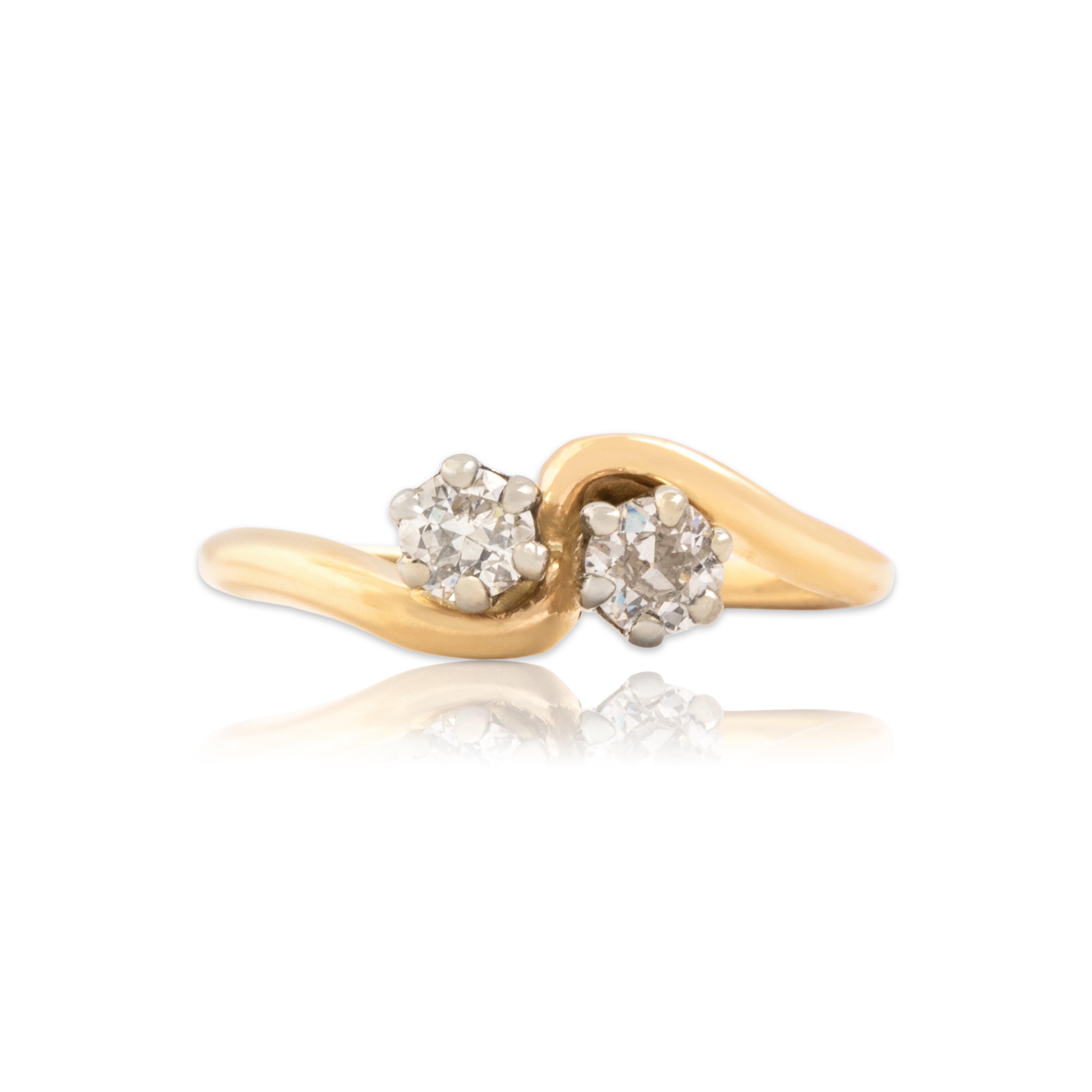 Vintage 14k Yellow Gold & 18k White Gold Old Mine Cut Diamond Toi Et Moi Ring 5.00
