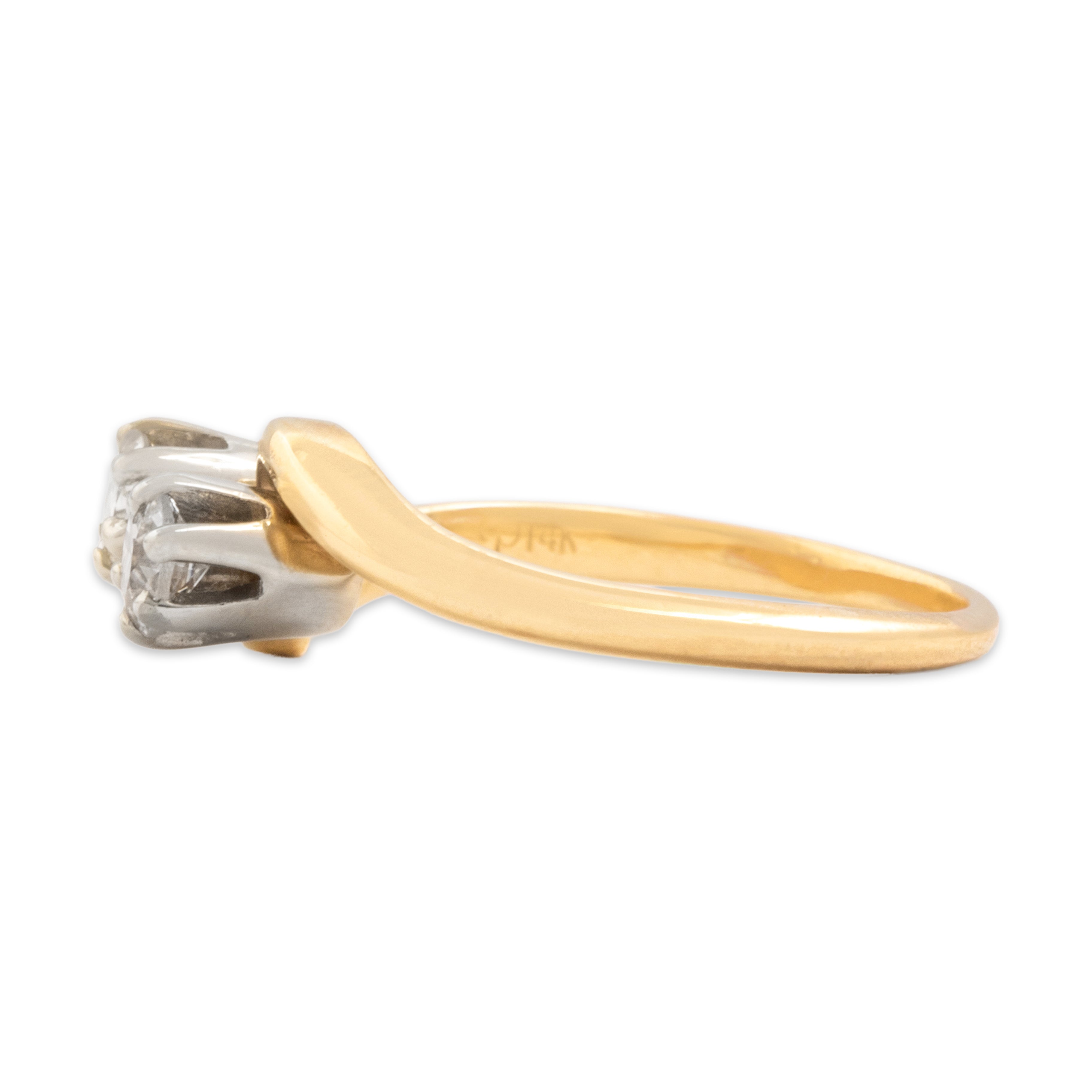 Vintage 14k Yellow Gold & 18k White Gold Old Mine Cut Diamond Sweeping Toi Et Moi Bypass Ring - Side view