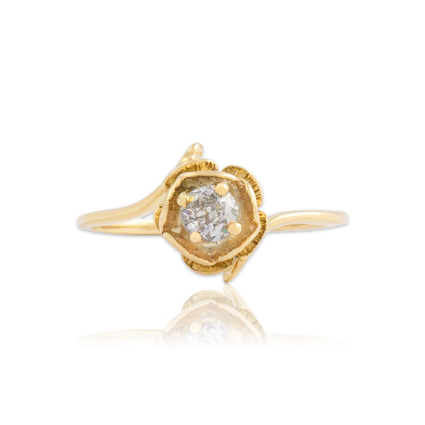 Vintage 14k Yellow Gold Old European Cut Diamond Delicate Bypass Flower Ring 6.50