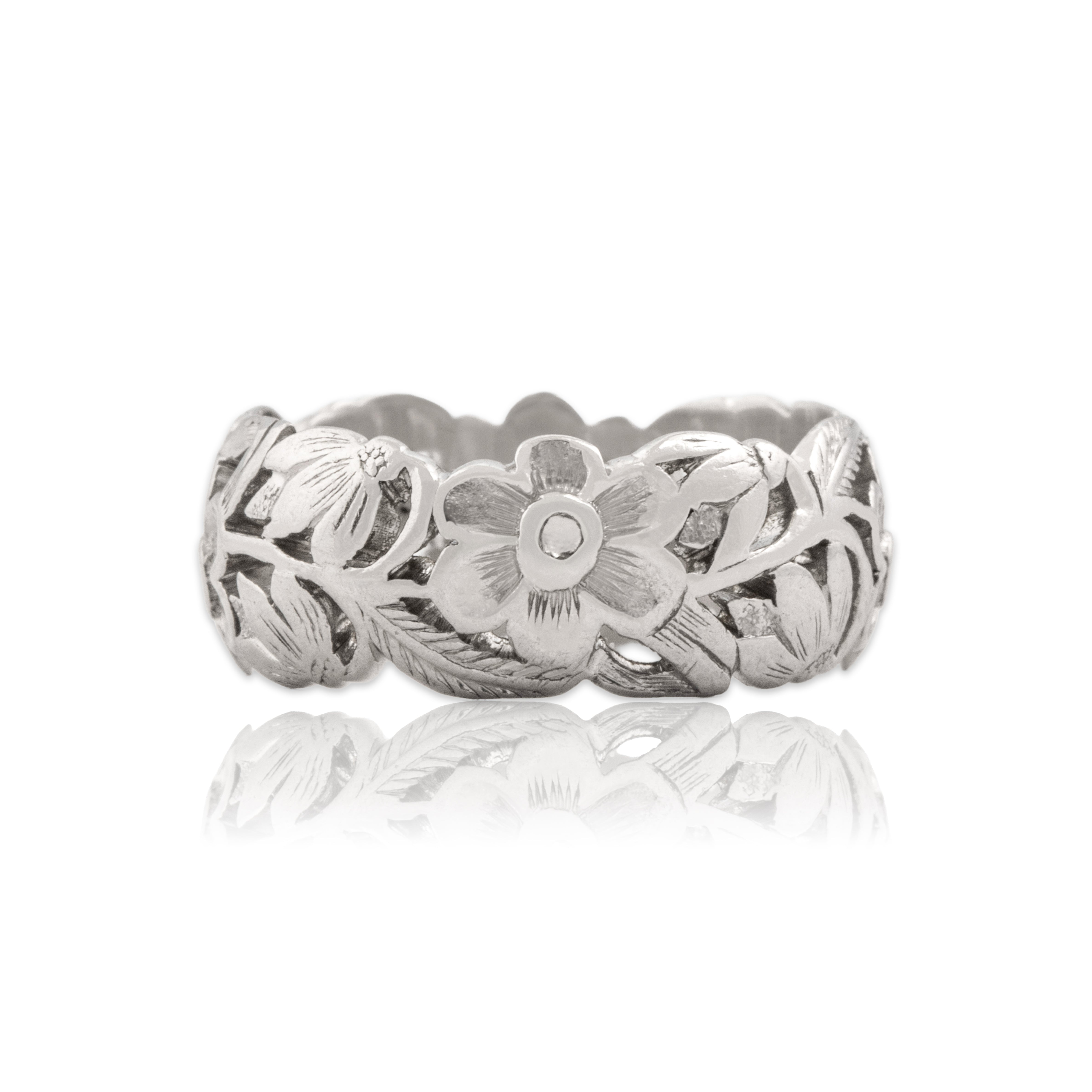 Vintage Heavy Platinum Floral Engraved Band Ring - Close-up view