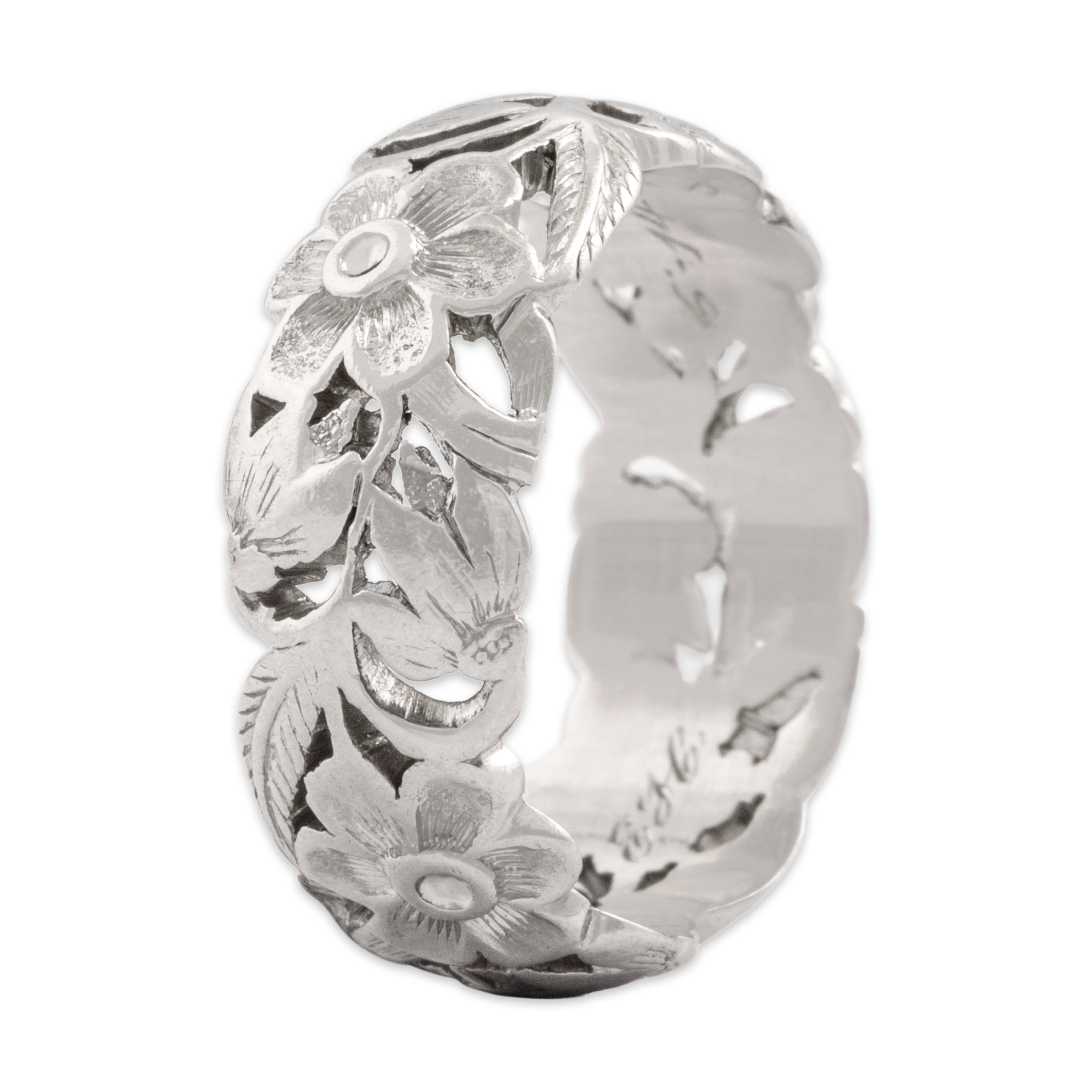 Vintage Heavy Platinum Floral Engraved Band Ring - Overall view