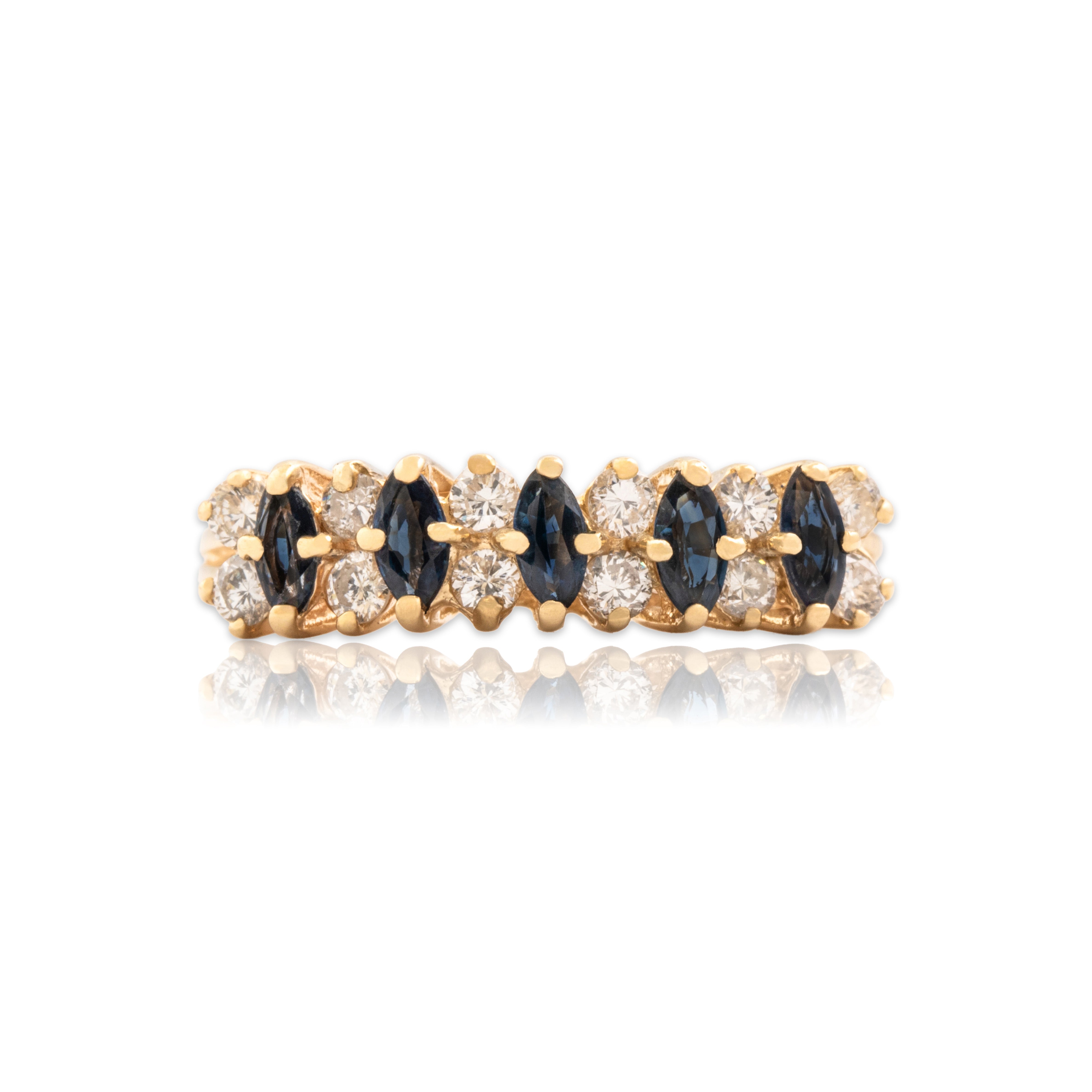 Vintage 14k Yellow Gold Diamond Blue Sapphire Alternating Tall Marquise Band Ring - Close-up view