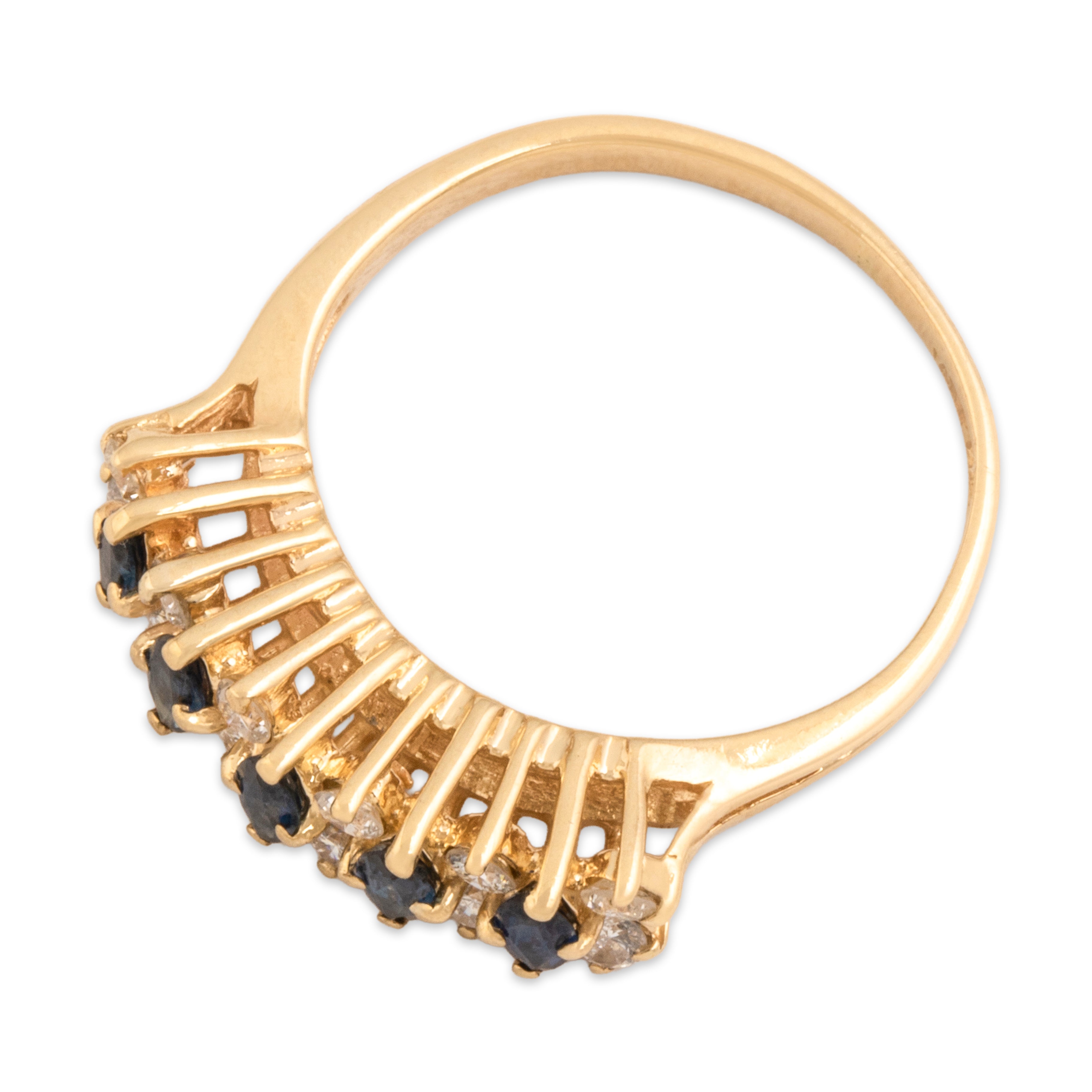 Vintage 14k Yellow Gold Diamond Blue Sapphire Alternating Tall Marquise Band Ring - Overall view