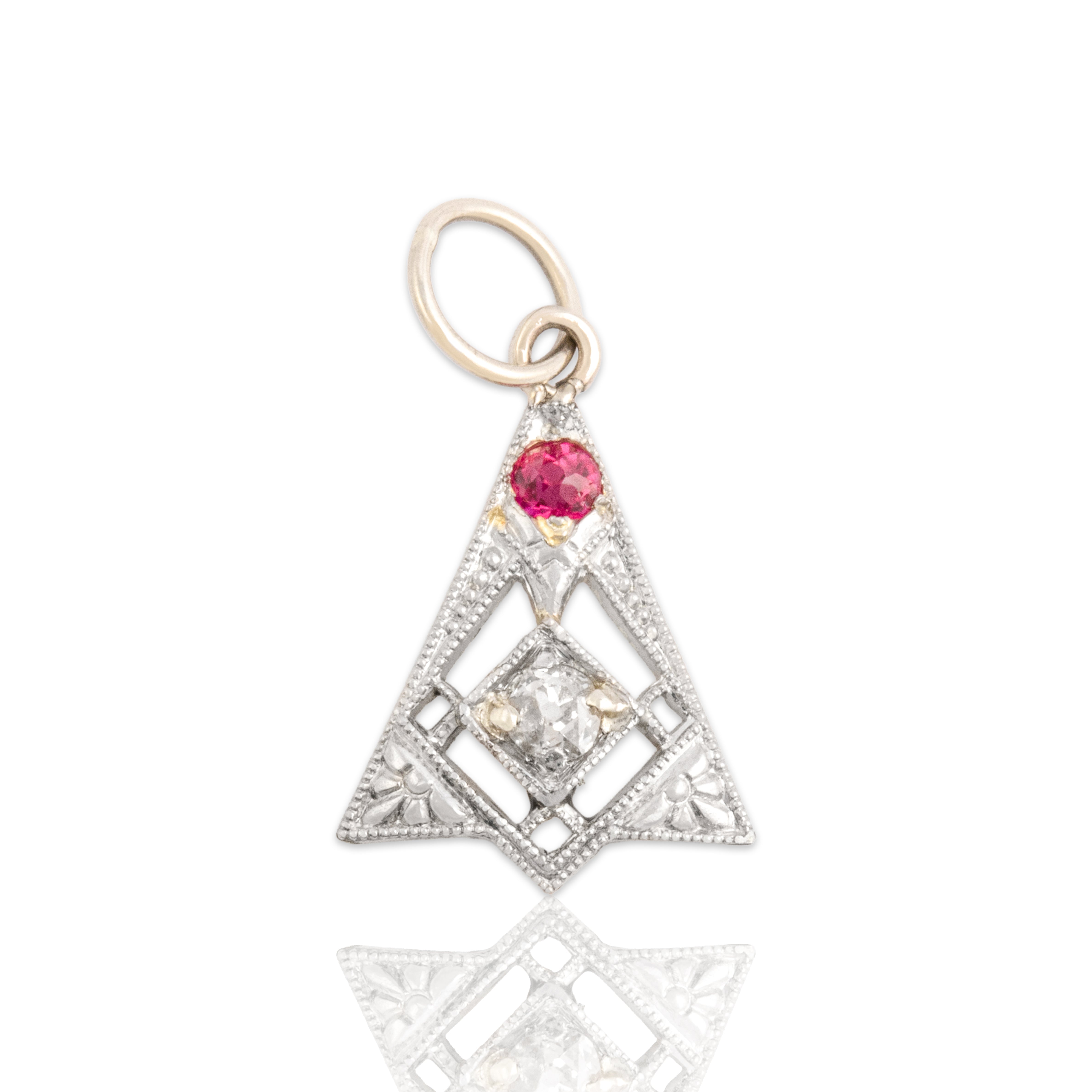 Antique Platinum & 14k Yellow Gold & 14k White Gold Synthetic Ruby Natural Old Mine Cut Diamond Dainty Geometric Dangle Charm / Pendant - Close-up view