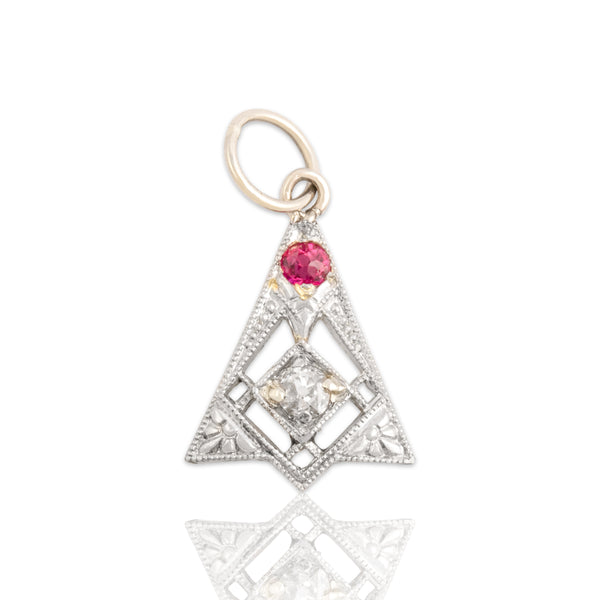 Antique Platinum & 14k Yellow Gold Synthetic Ruby Natural Old Mine Diamond Pendant
