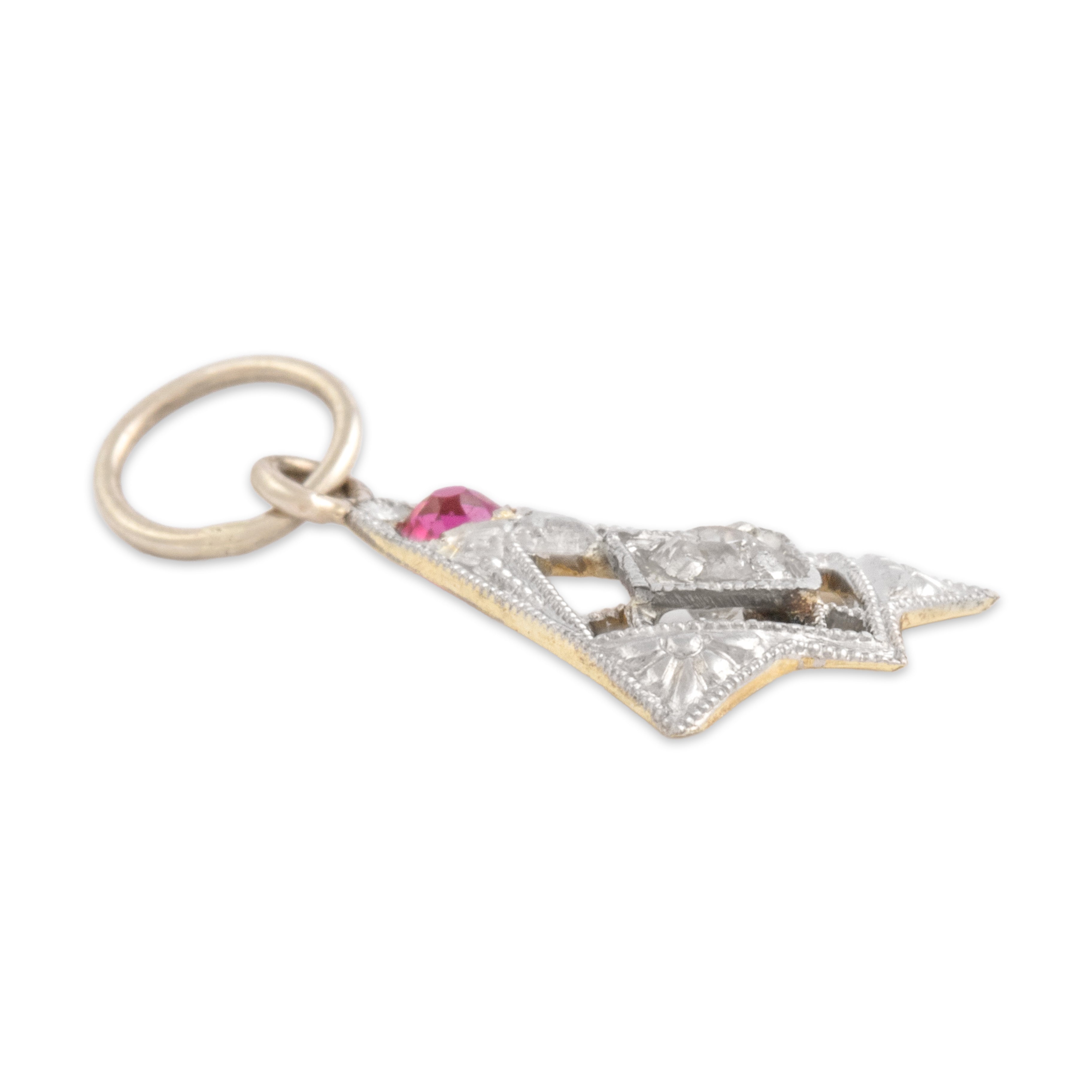 Antique Platinum & 14k Yellow Gold & 14k White Gold Synthetic Ruby Natural Old Mine Cut Diamond Dainty Geometric Dangle Charm / Pendant - Side view