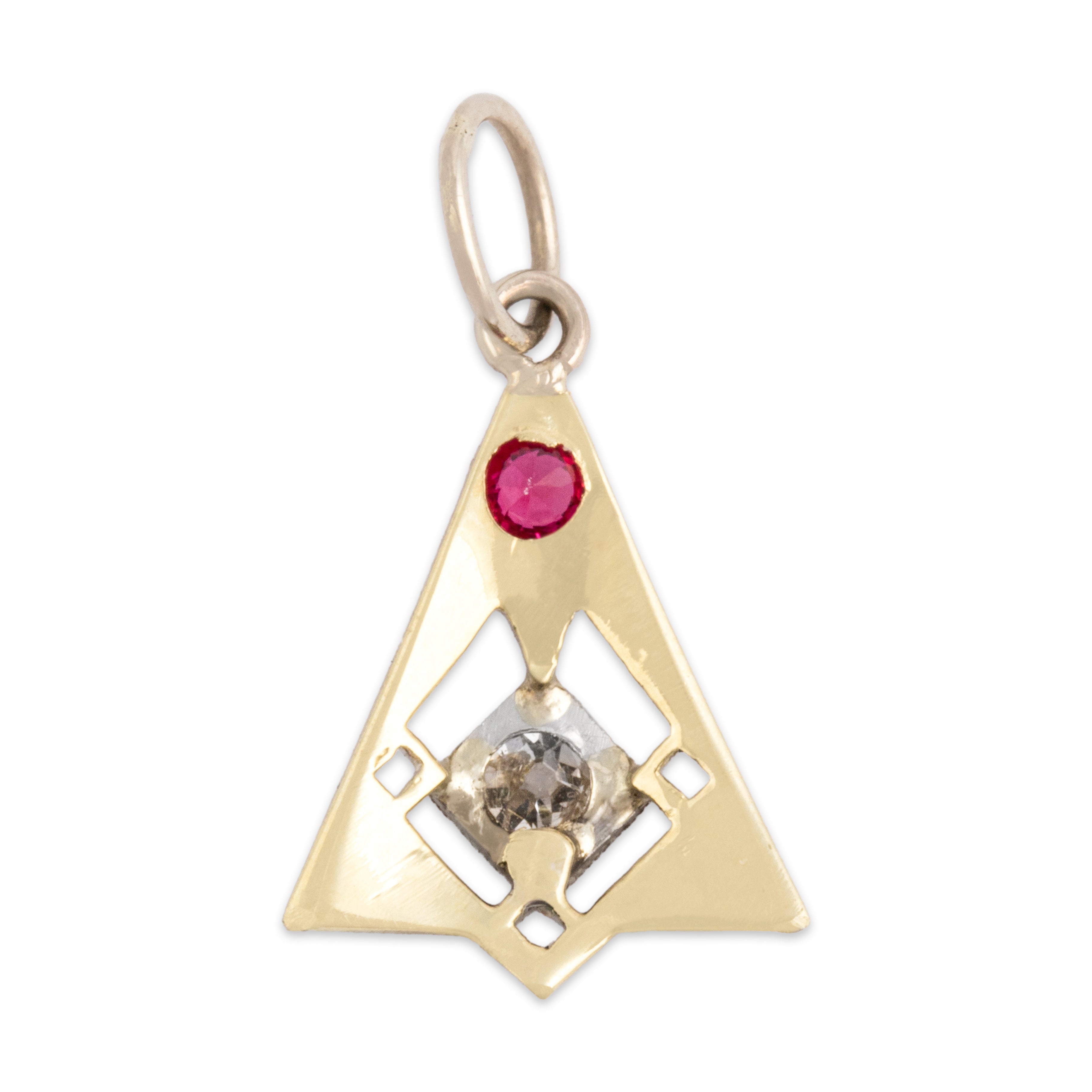 Antique Platinum & 14k Yellow Gold & 14k White Gold Synthetic Ruby Natural Old Mine Cut Diamond Dainty Geometric Dangle Charm / Pendant - Back view