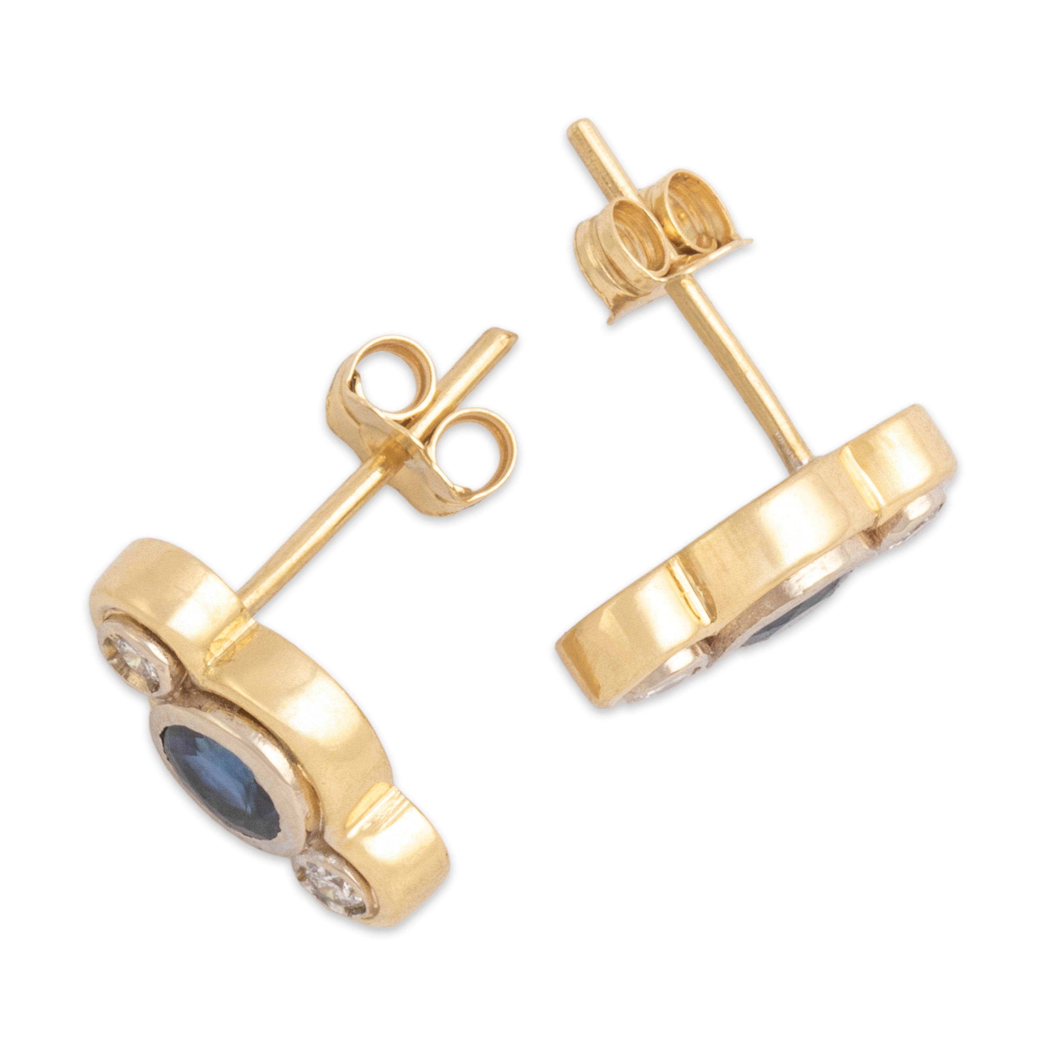 Vintage 18k Yellow & White Gold .69cttw Sapphire Diamond Sleek Two-Toned Bezel Trio Stud Earrings - Side view