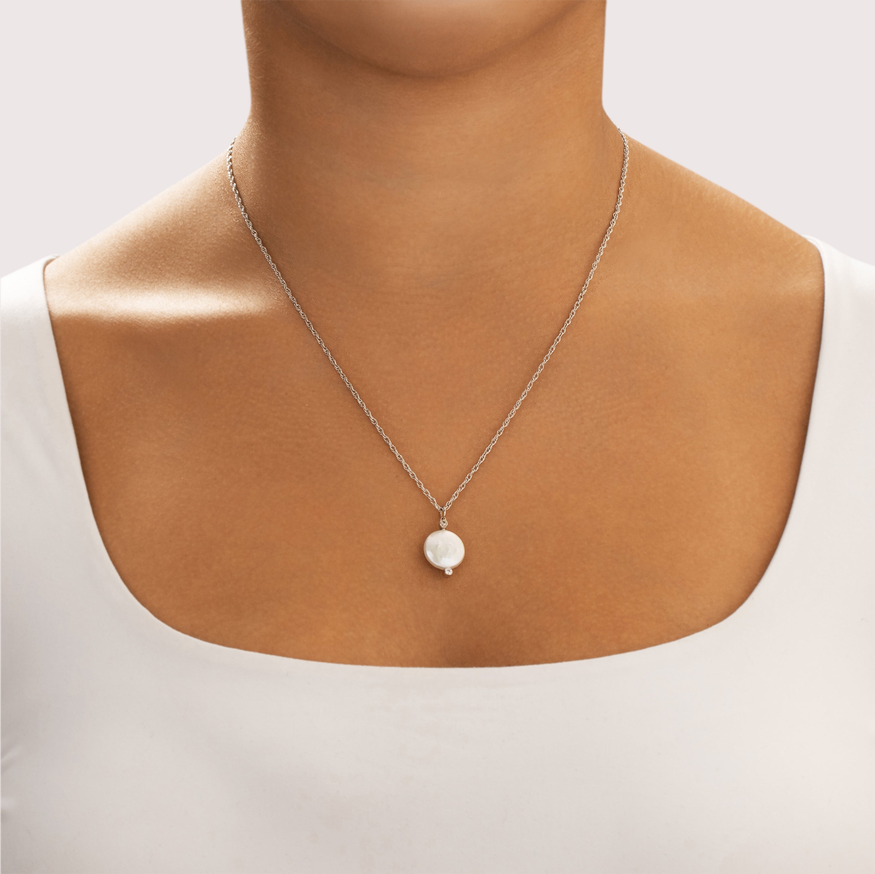 Vintage 14k White Gold Diamond Pearl Twinkling Accent Pendant - On model view