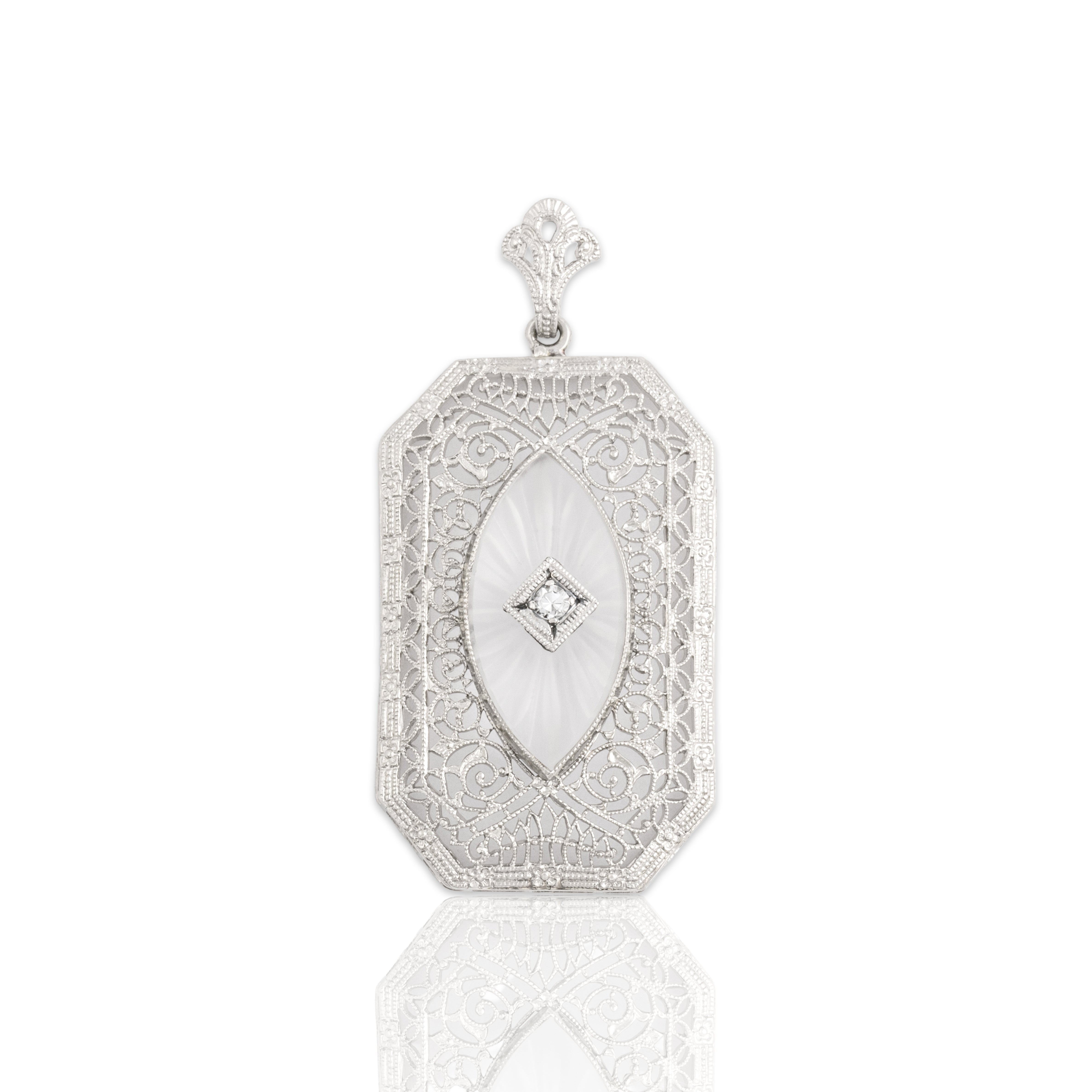 Antique Art Deco 10k White Gold Camphor Glass Diamond Delicate Filigree Pendant - Close-up view
