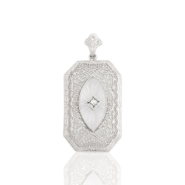 Antique Art Deco 10k White Gold Camphor Glass Diamond Delicate Filigree Pendant