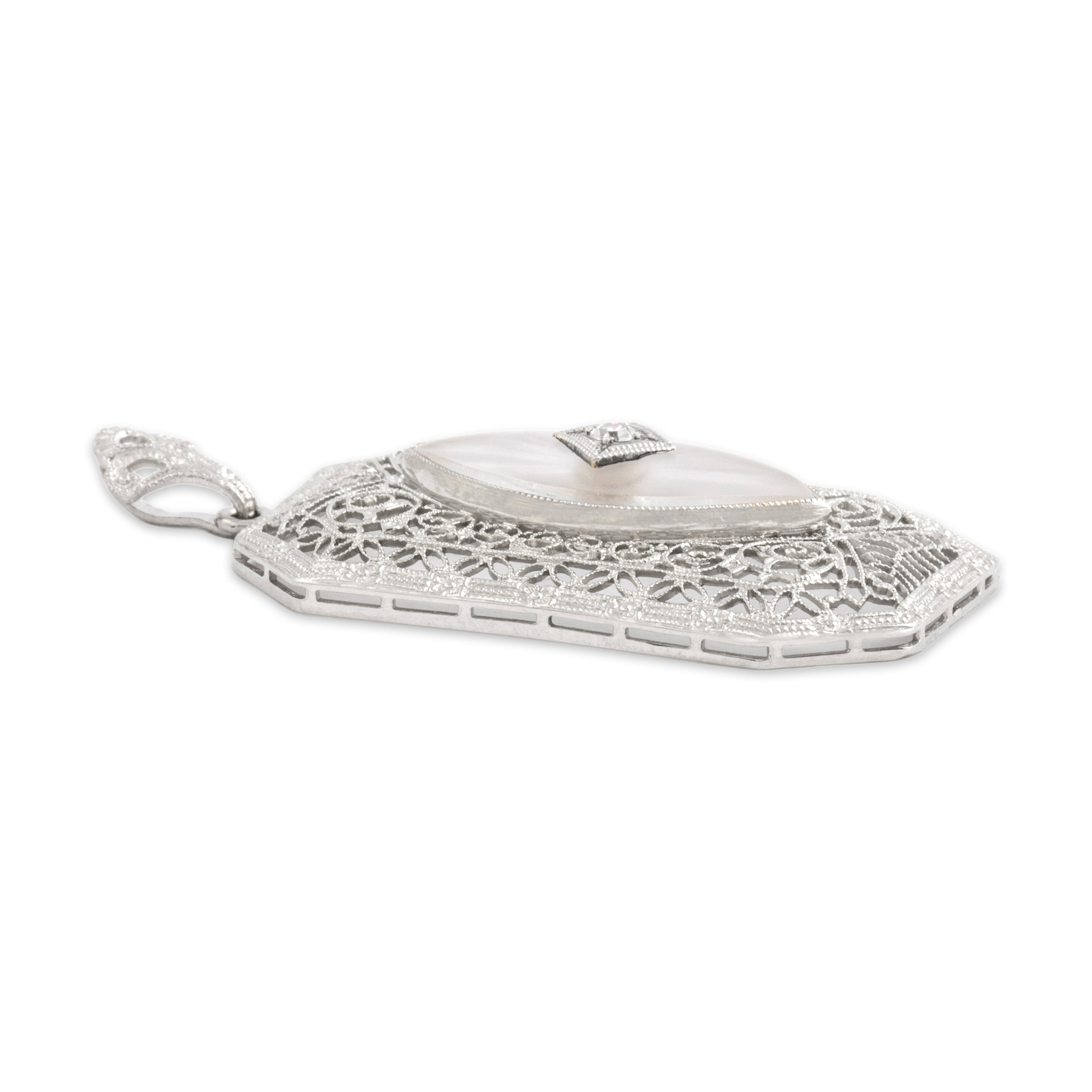 Antique Art Deco 10k White Gold Camphor Glass Diamond Delicate Filigree Pendant - Side view